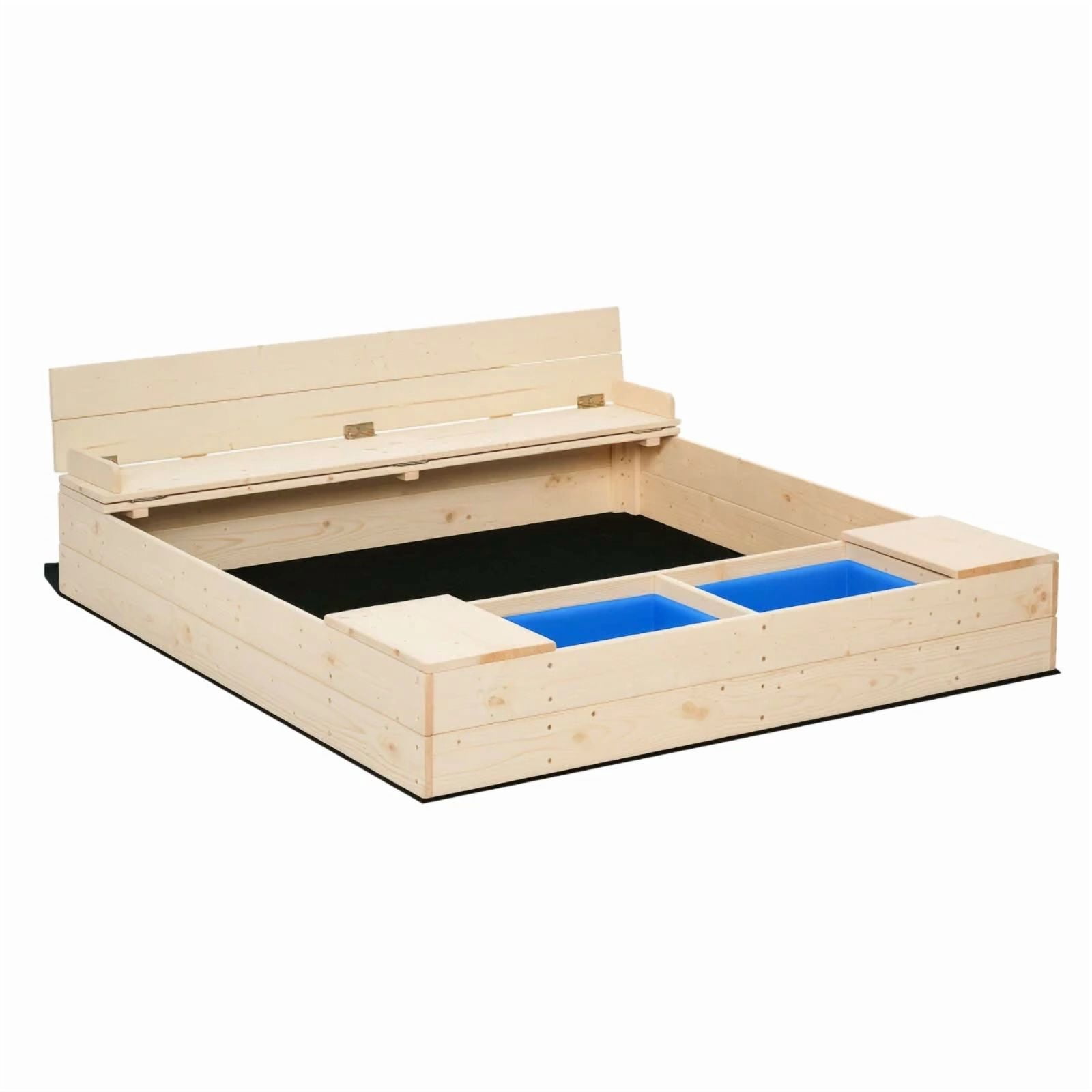 Children Wooden Sandbox with Backrest Bench, Foldable Seat, 2 Buckets & Storage Boxes, Bottomless Fir Wood Sand Pit with PE Cover for Outdoor Backyard, Ages 3-7