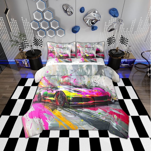 Erosebridal Graffiti Sports Car Bedding Queen Size, Splash Racing Car Duvet Set, Ultra Soft 7 Pieces
