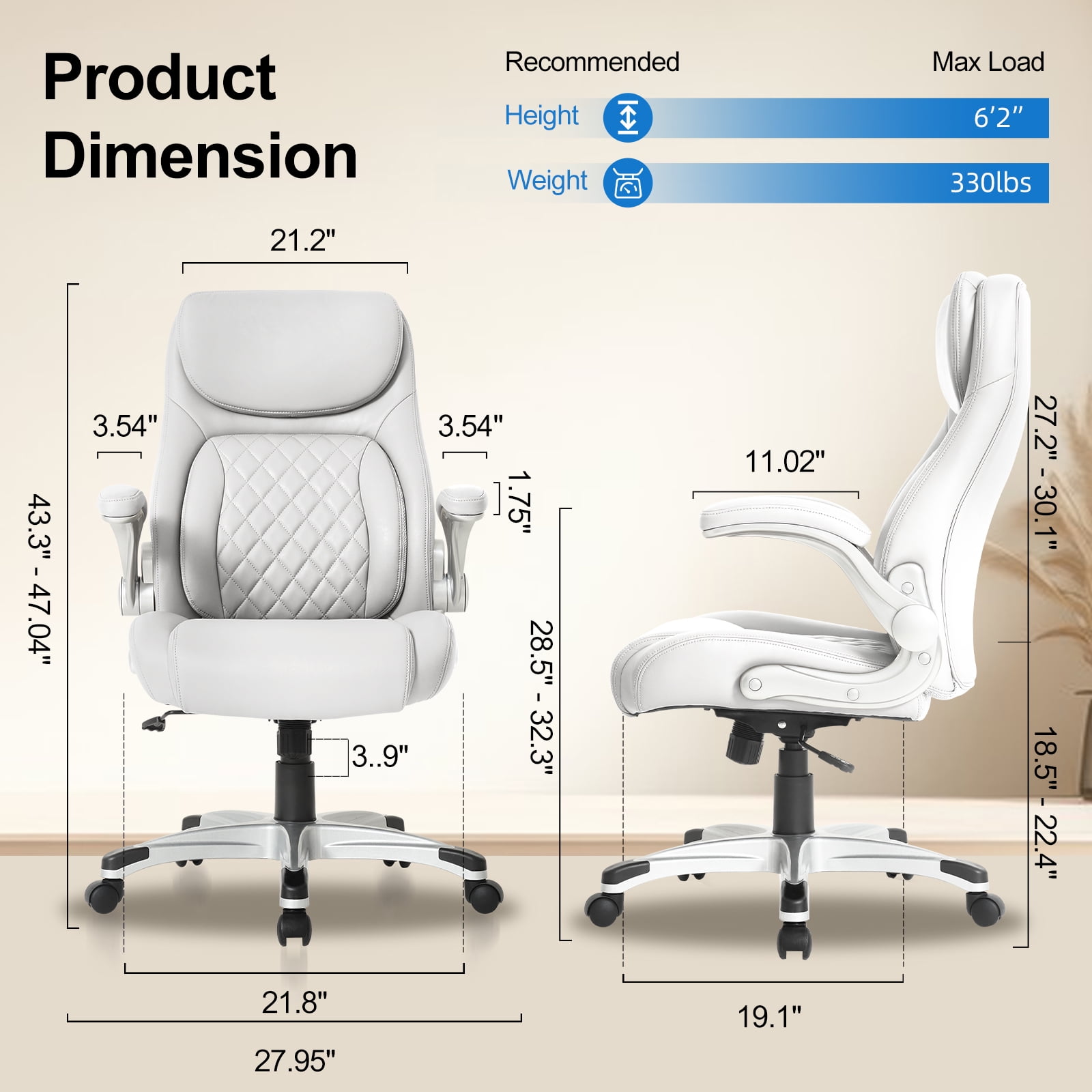 Nouhaus Office Ergonomic Desk High Back Executive Chair with Pop-Out Lumbar Support, Adjustable Headrest, Flip-Up Arms, Leather Home with Thick Cushion for Comfort - White