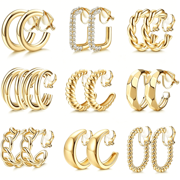 DESIGNICE 9 Pairs Clip on Earrings for Women 14K Gold Plated Chunky Hoop Clips Earring Trendy Clip on Hoop Earrings for Women Non-Pierced Fake Jewelry