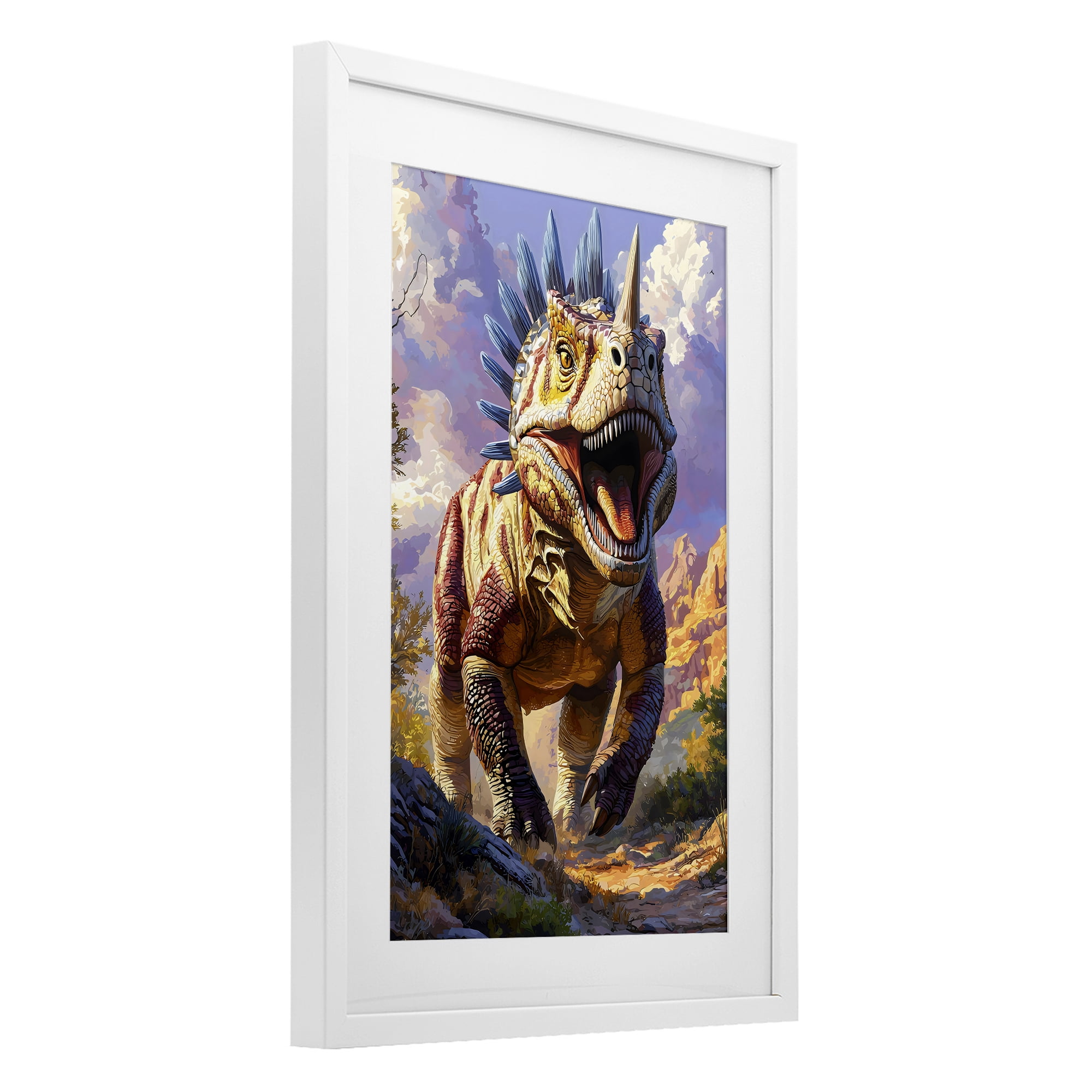 Stupell Industries Fierce Horned Dinosaur White Framed Print Under Glass, design by Creative Studio