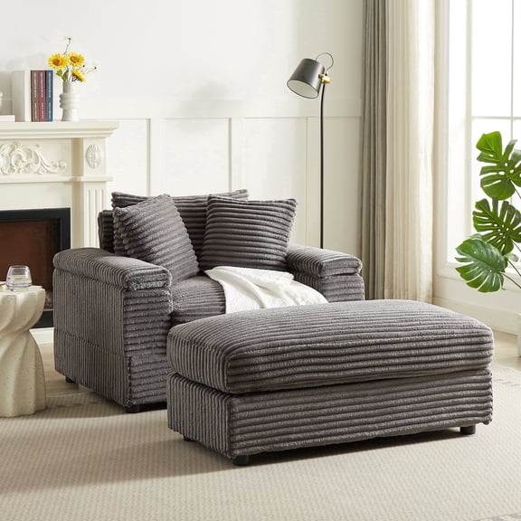 Muumblus Oversized Cloud Lounge Chair with Ottoman, Corduroy Accent Reading Armchair for Living Room, Gray
