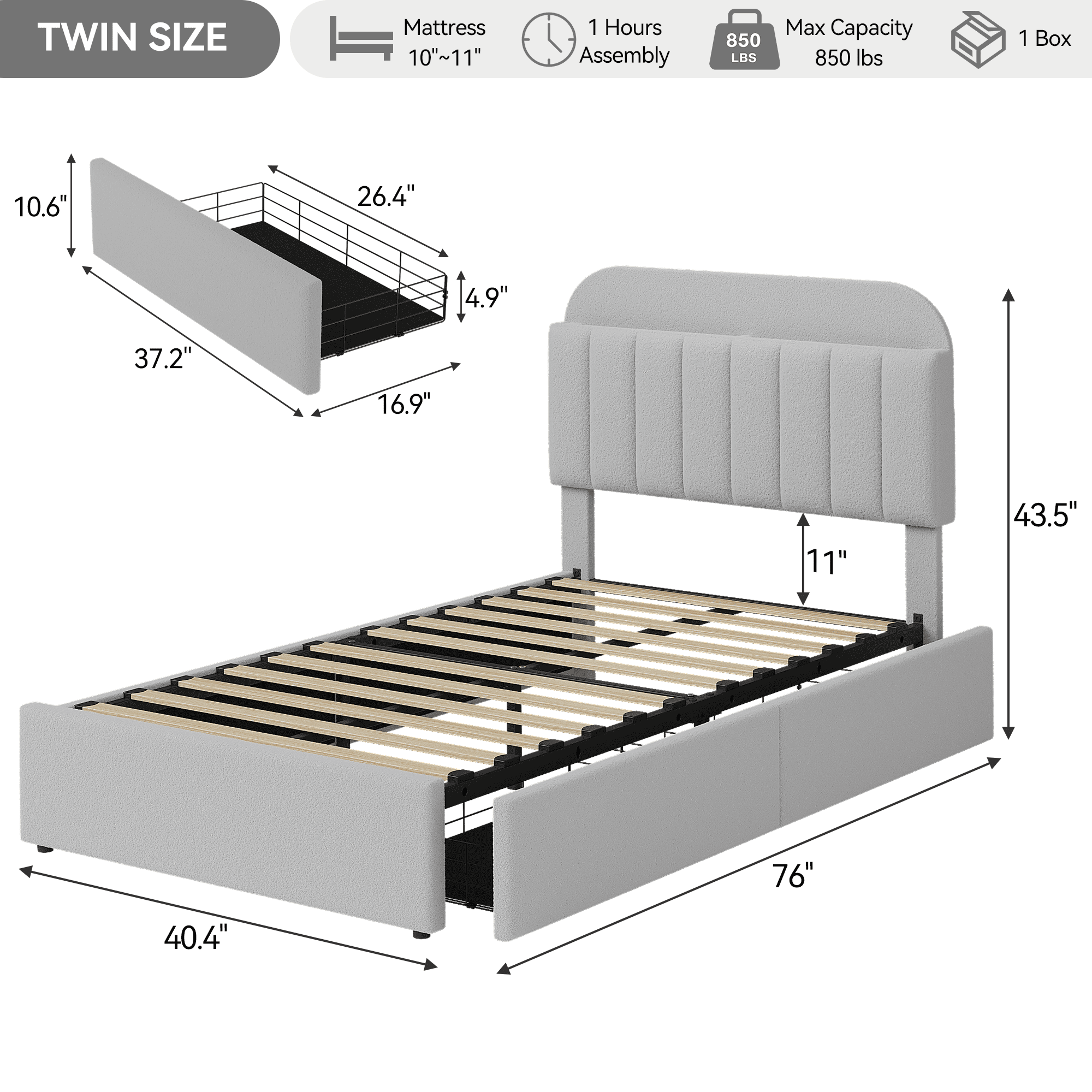 TWIN Platform Bed with Bookcase Headboard & Drawers – Modern Boucle Upholstered Frame, No Box Spring, Easy Assembly Bedroom Furniture