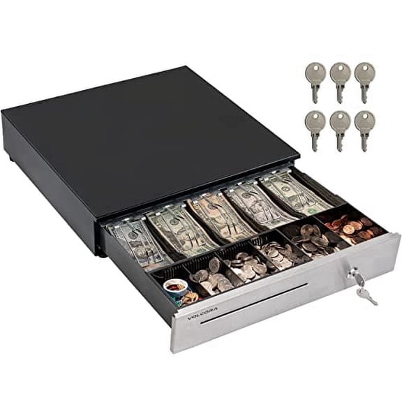 Volcora Cash Register Drawer for (POS) Point of Sale System 16", Stainless Steel Removable Coin Tray, 5 Bill/6 Coin, 12-24V, RJ11/RJ12 Key-Lock, Cash Till, Money Drawer for Businesses, Black