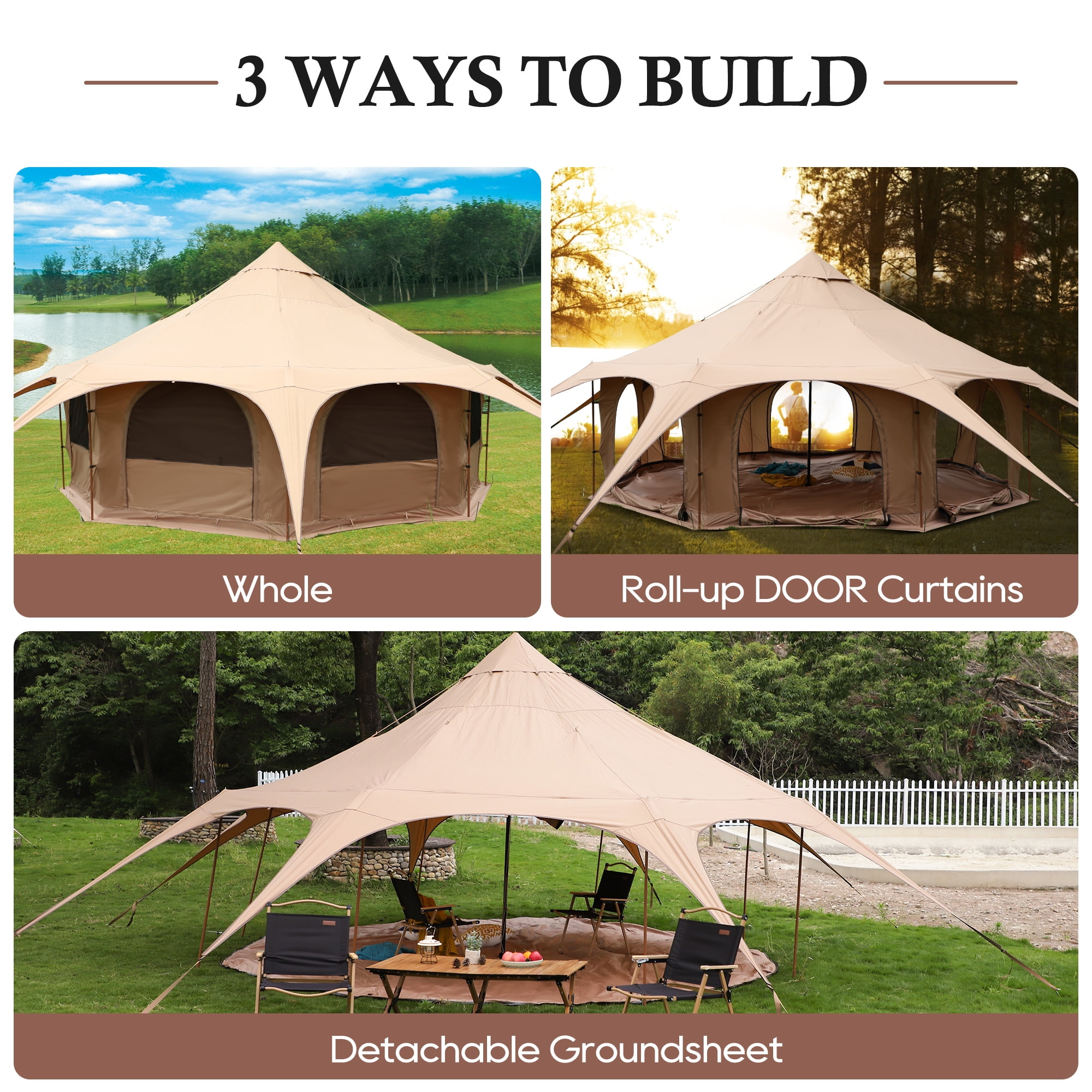 5M Cotton Canvas Bell Yurt Shelter with Stove Jack, 4-Season Glamping Tent for Year-Round Camping and Outdoor Living, Khaki