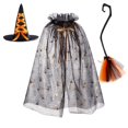 thumbnail image 2 of 3-Piece Halloween Costume Set with Spider Web Mesh Cape Witch Hat and Wizard Broom for Role Play Carnival Stage Performance Party Props Accessory One Size, 2 of 6