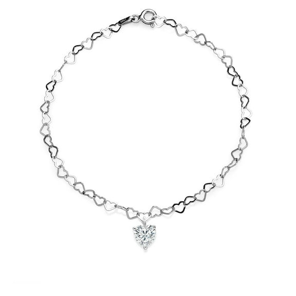 Gem Stone King Made in Italy 925 Sterling Silver Charm 5mm Heart Shape Moissanite Heart Chain Bracelet for Women (0.42 cttw, 7.5 inches)