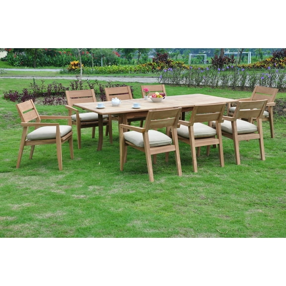 Teak Dining Set:8 Seater 9 Pc -94" Rectangle Table And 8 Stacking Vellore Arm Chairs Outdoor Patio Grade-A Teak Wood WholesaleTeak #WMDSVL8