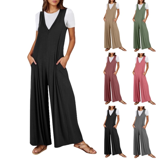 QATAINLAV Combinaisons Décontractées d'Été pour Femmes, Amples, Fluides, à Jambes Larges, Pantalon de Combinaison Ample à Col en V, Combishorts à Bretelles avec Poches, Vert Armée, P, Rentrée Scolaire, Ventes Prime