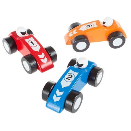 Toy Race Car Set- Wooden Racecars with 3 Hand Painted Colorful Cars, Moving Wheels for Racing- Fun Cars Set for Boys and Girls by Hey!