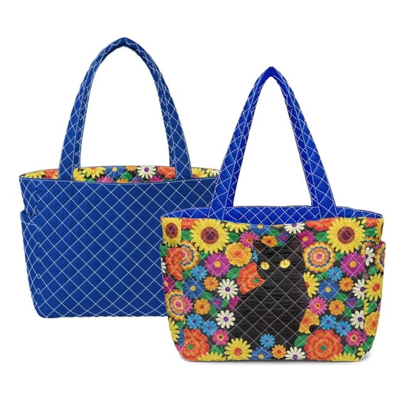 Pzuqiu Floral Black Cat Print Women's Large Quilted Tote Bag, Casual Lightweight Everyday Handbags Blue Puffer Shoulder Handbag for Shopping Work Travel College Everyday Use