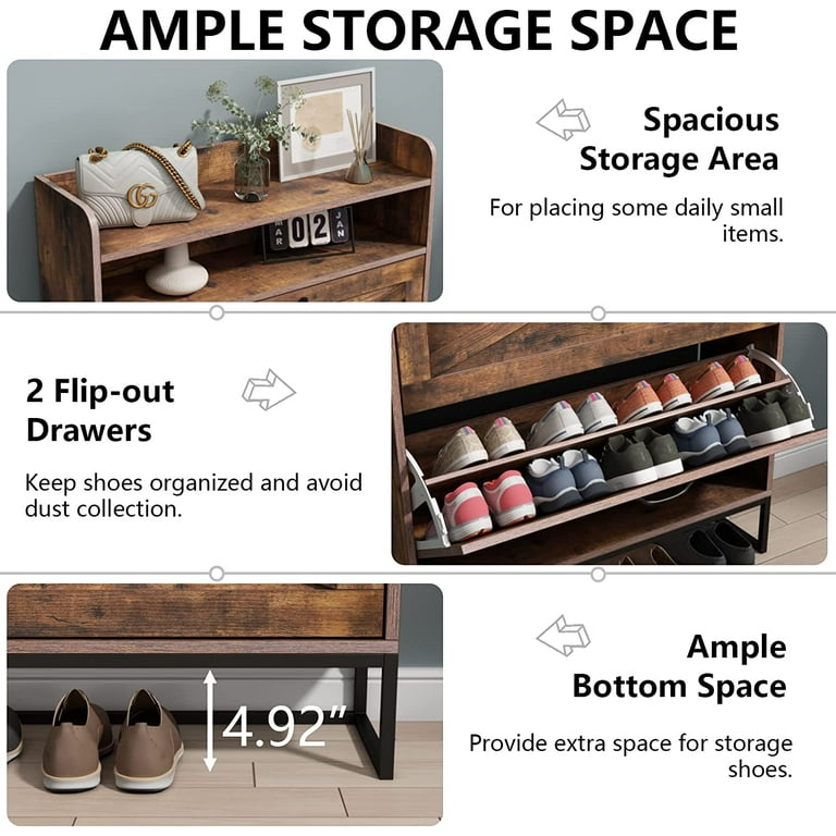 Hidden Shoe Cabinet Free Standing Tipping Bucket Shoes Storage Cabinet with  3 Flip Drawers Storage Organiser Shoe Cupboard Vintage Entryway Shoe