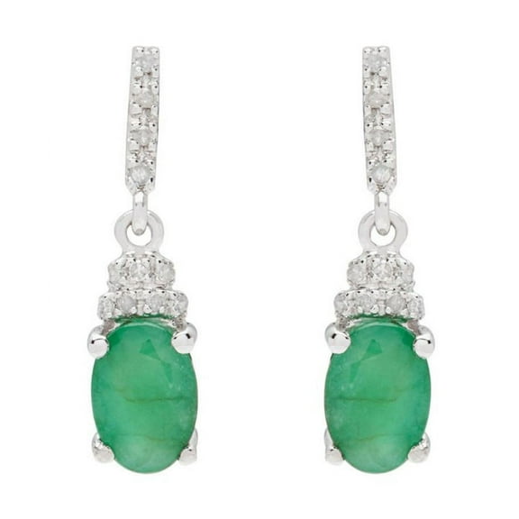 10k White Gold Oval Emerald and Diamond Drop Earrings