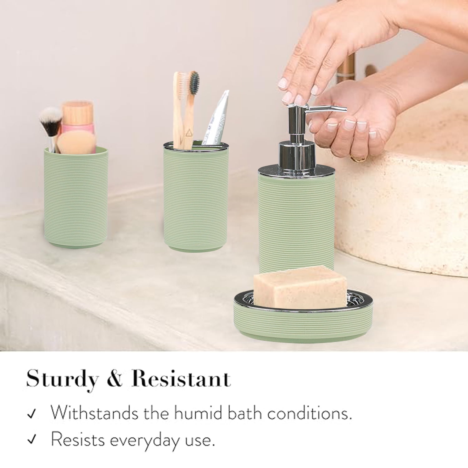 CERBIOR Bathroom Accessories Set 6 Pcs Ensemble Complete Soap Dispenser Toothbrush Holder Tumbler Soap Dish Toilet Cleaning Brush Trash Can, Thread Sriral Green