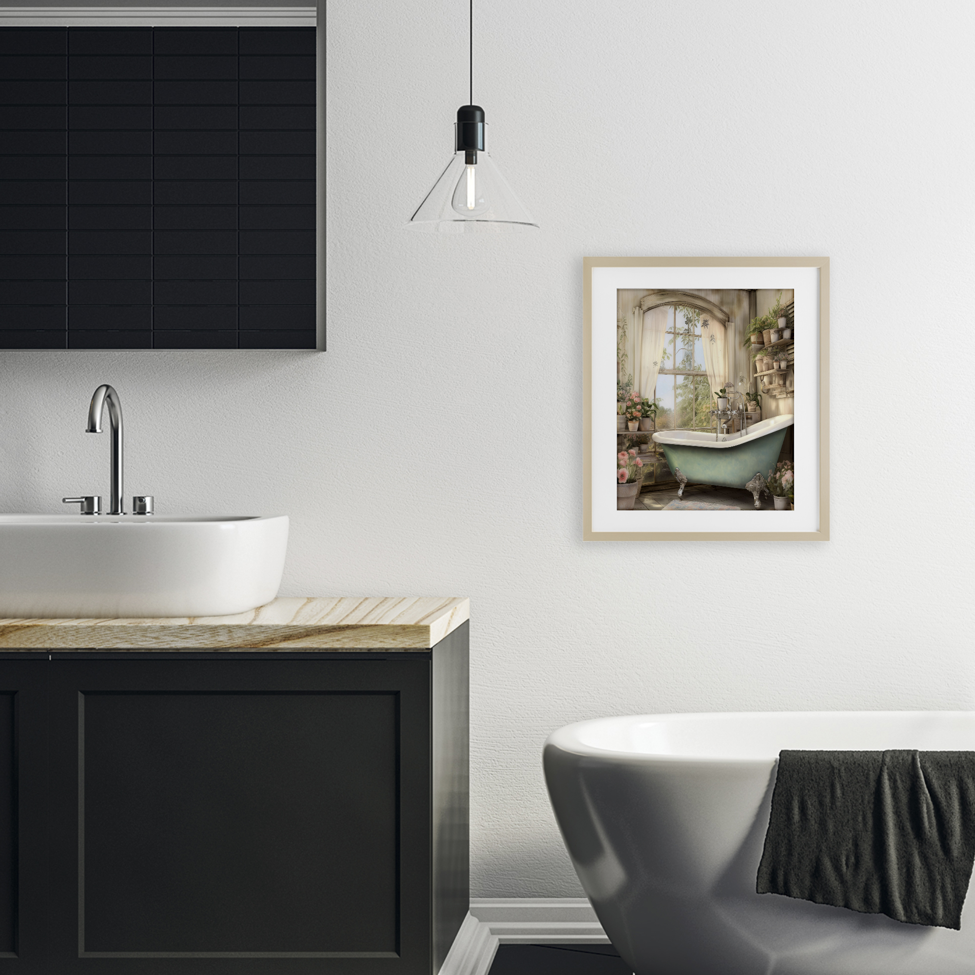 Bathroom with Floral Filled Shelves Birch Framed Print Under Glass, design by Lettered and Lined