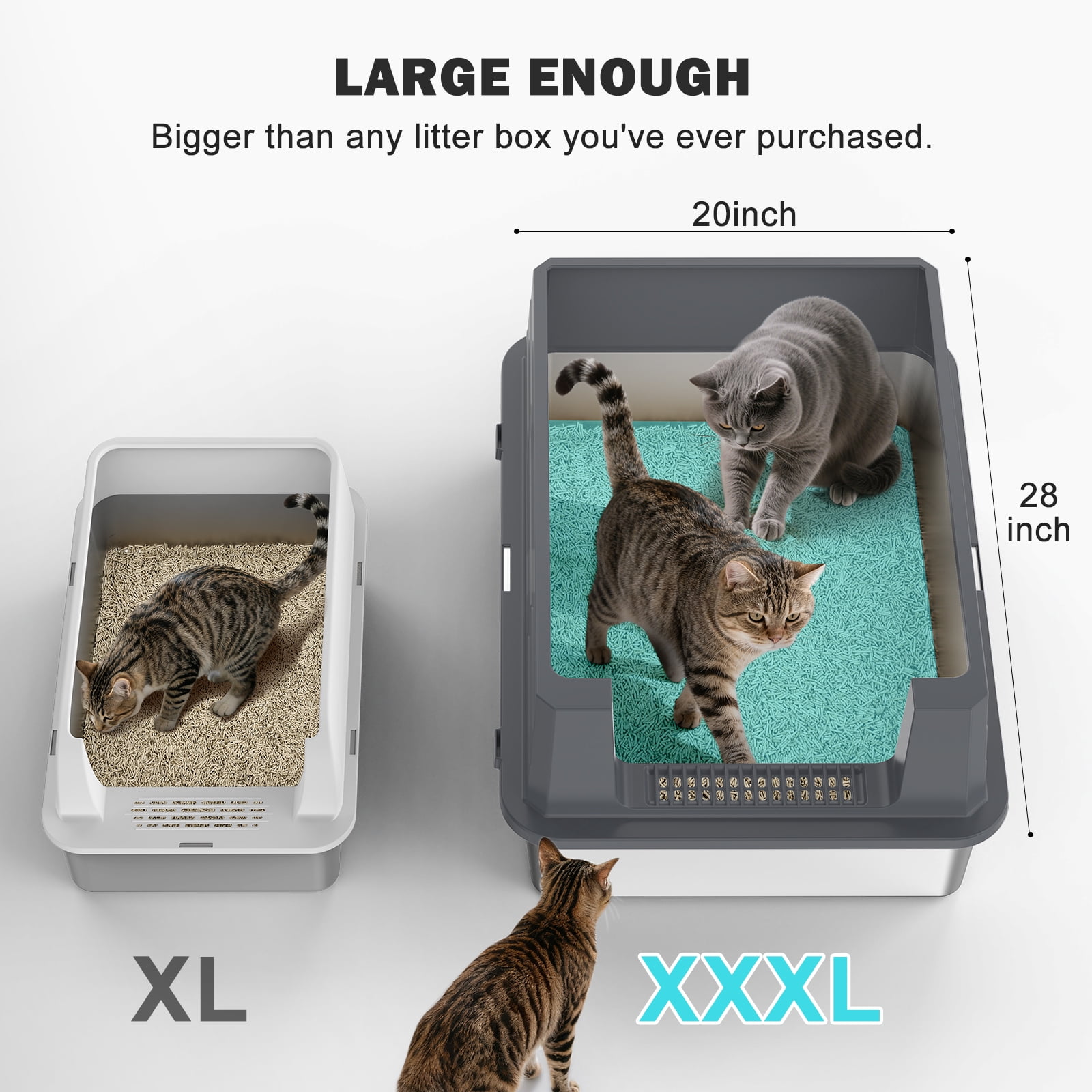 XXXL Cat Litter Box Jumbo for Big Cat Multiple, Metal Litter Box with High Sides, Extra Large Stainless Steel Litter Box with Scoop, Easy to Clean, Dark Gray