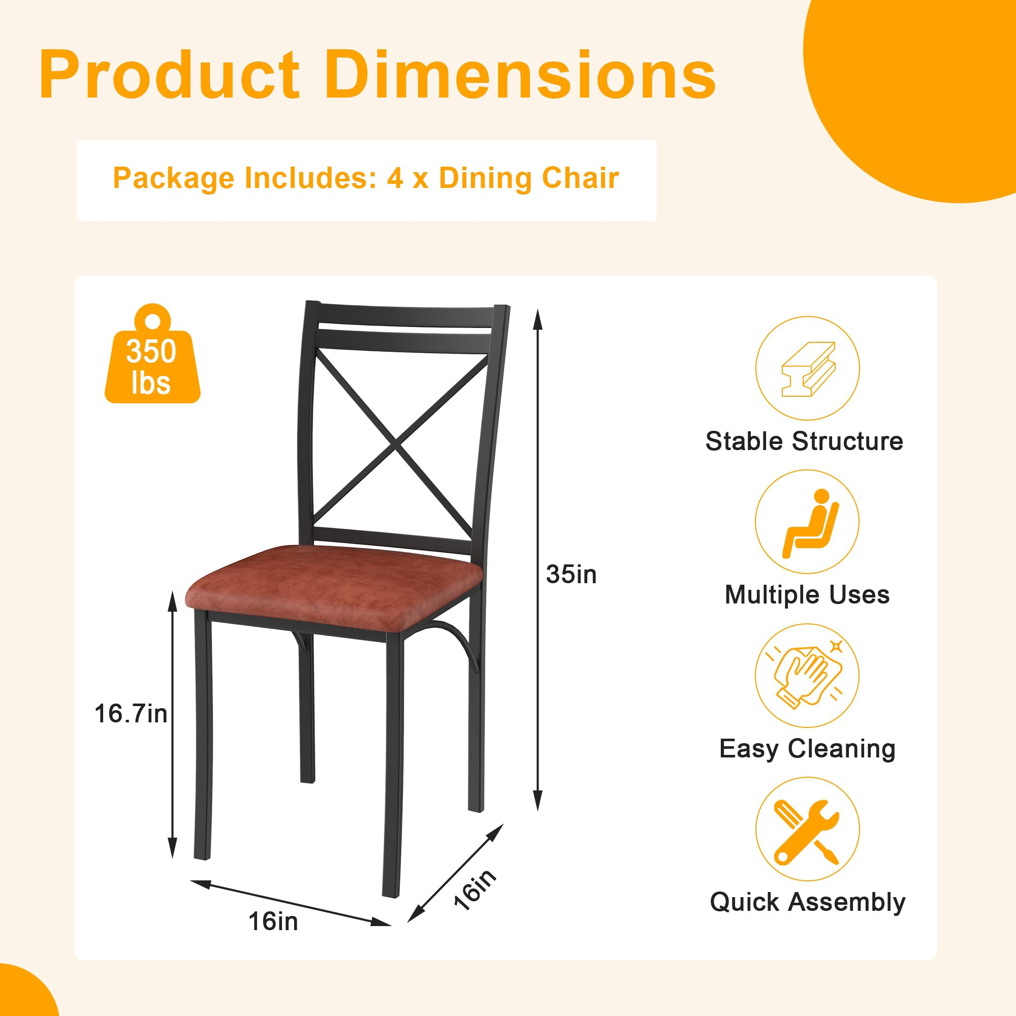 VECELO Dining Chair Set of 4, Modern Kitchen Upholstered Chairs with Backrest, Metal Legs and PU Leather Seat Set for Living Room Restaurant, Brown