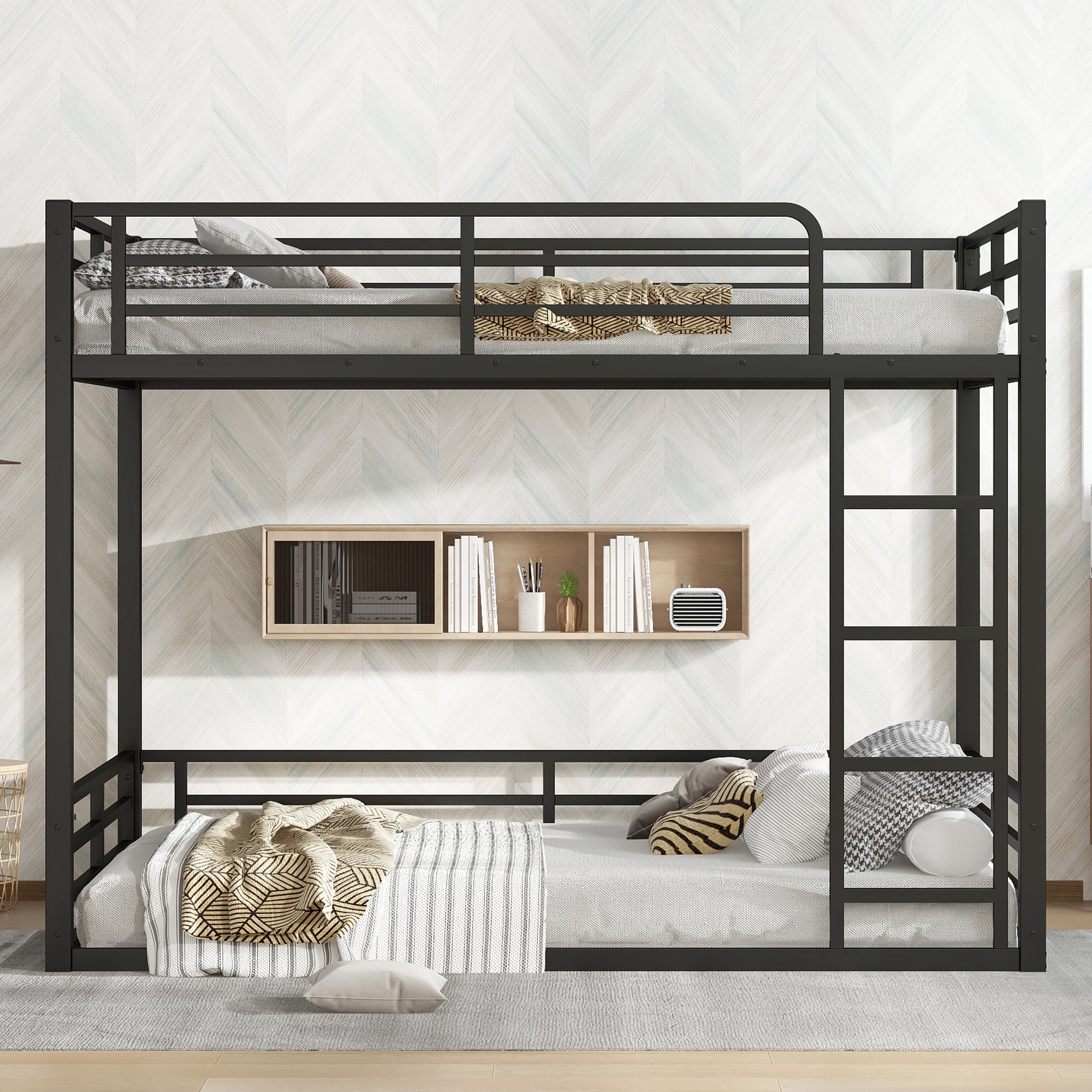 Leumius Metal Bunk Bed,Full over Full Floor Bunk Bed Frame for Kids/Teens/Adults,Space-Saving/Noise Reduced/No Box Spring Needed,Black