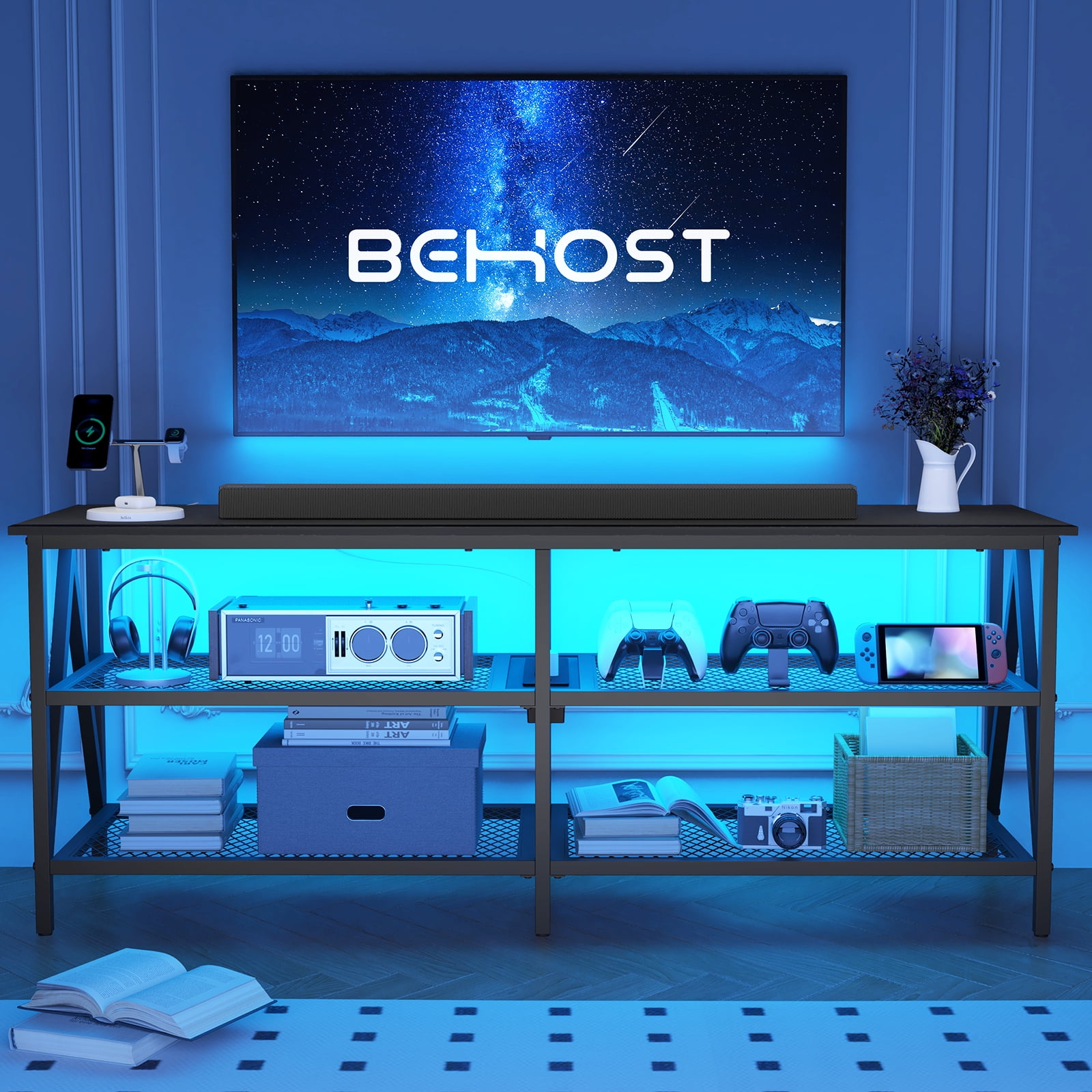 Behost TV Stand for 65 inch TV, TV Cabinet with 20 Colors LED Lights for Living Room,Black