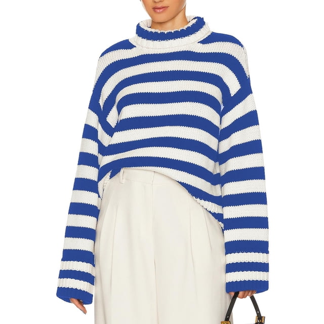 RXIRUCGD Pull Décontracté Surdimensionné à Rayures Col Montant Manches Longues pour Femmes, Bleu, Taille : L
