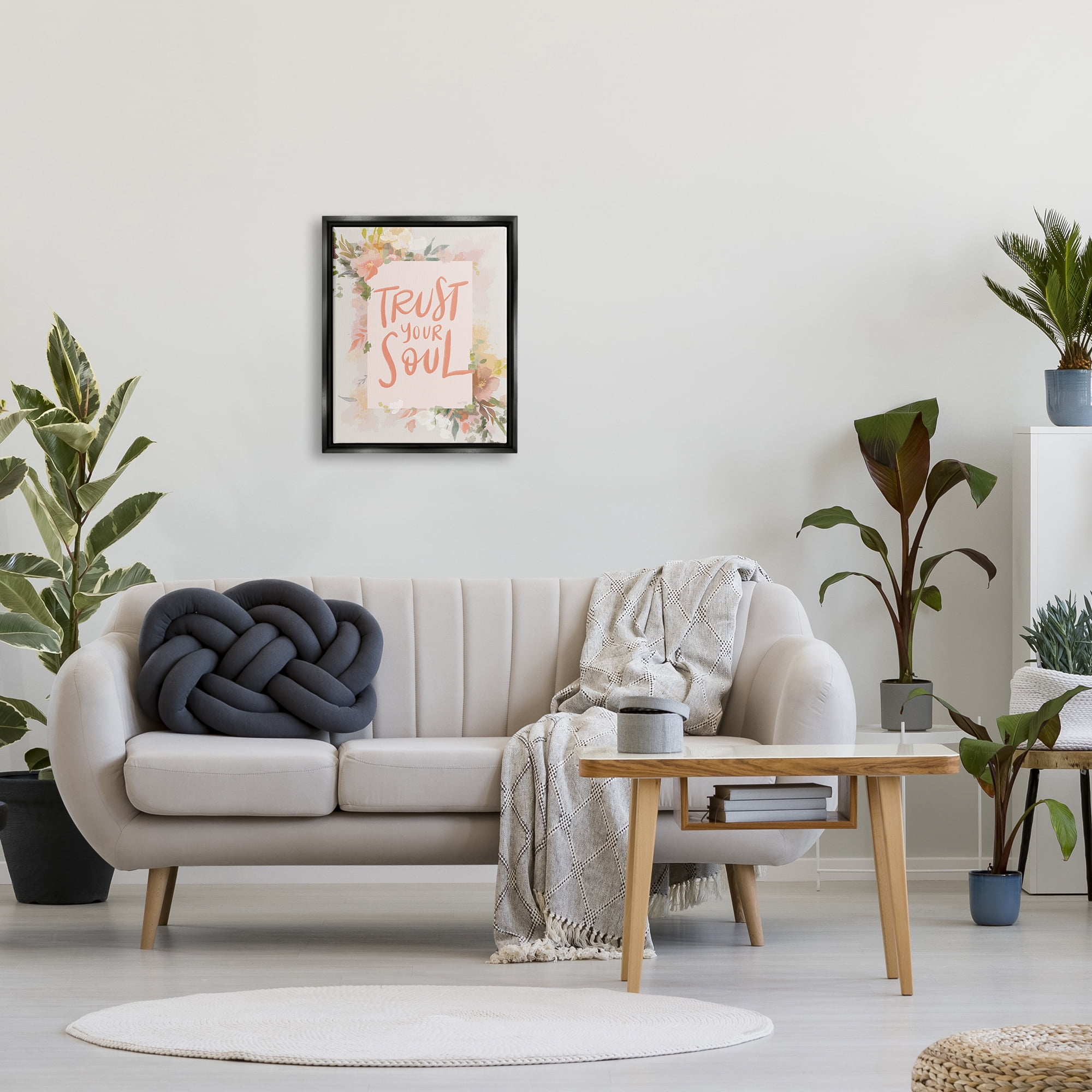 Stupell Industries Trust Your Soul Floral Border Impactful Calligraphy Graphic Art Jet Black Floating Framed Canvas Print Wall Art, Design by House Fenway