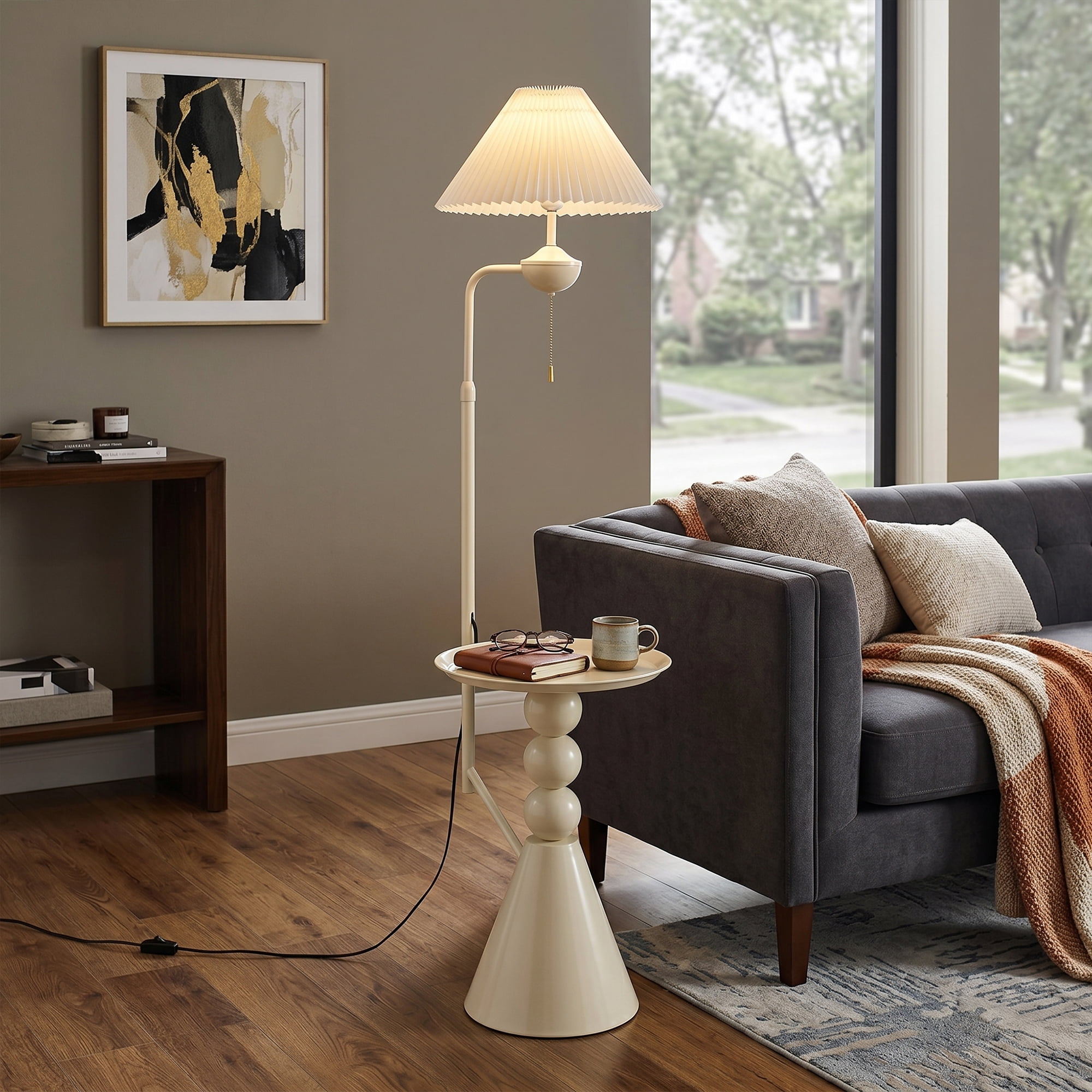 AFANQI15-inch Cream-colored Side Table Floor Lamp with Side Table Design; Suitable for Living Room, Bedroom, and Study; Nordic Minimalist Floor Lamp
