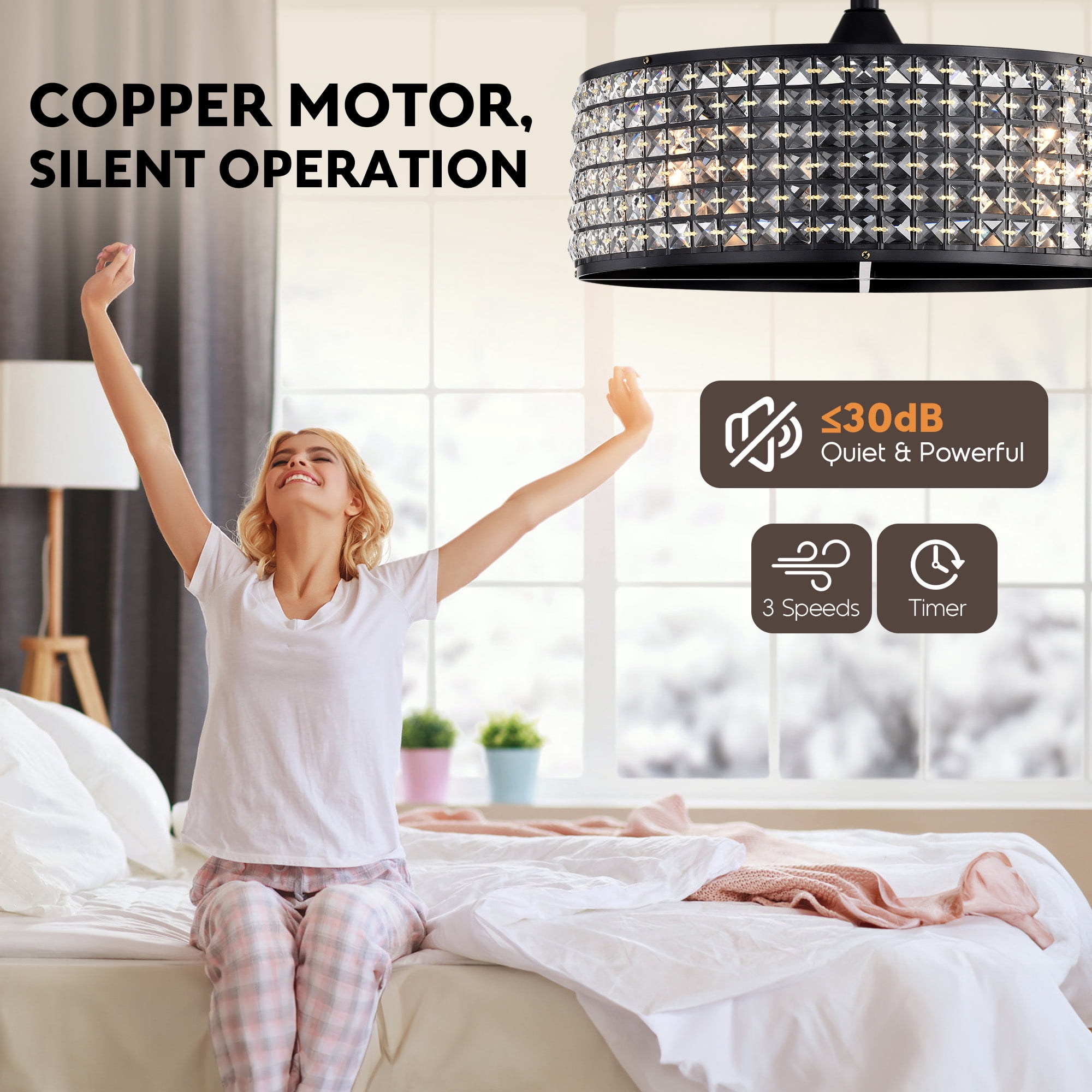 Aukfa Ceiling Fan with Light and Remote, 20" Low Profile Ceiling Fan for Living Room,Bedroom,Crystal