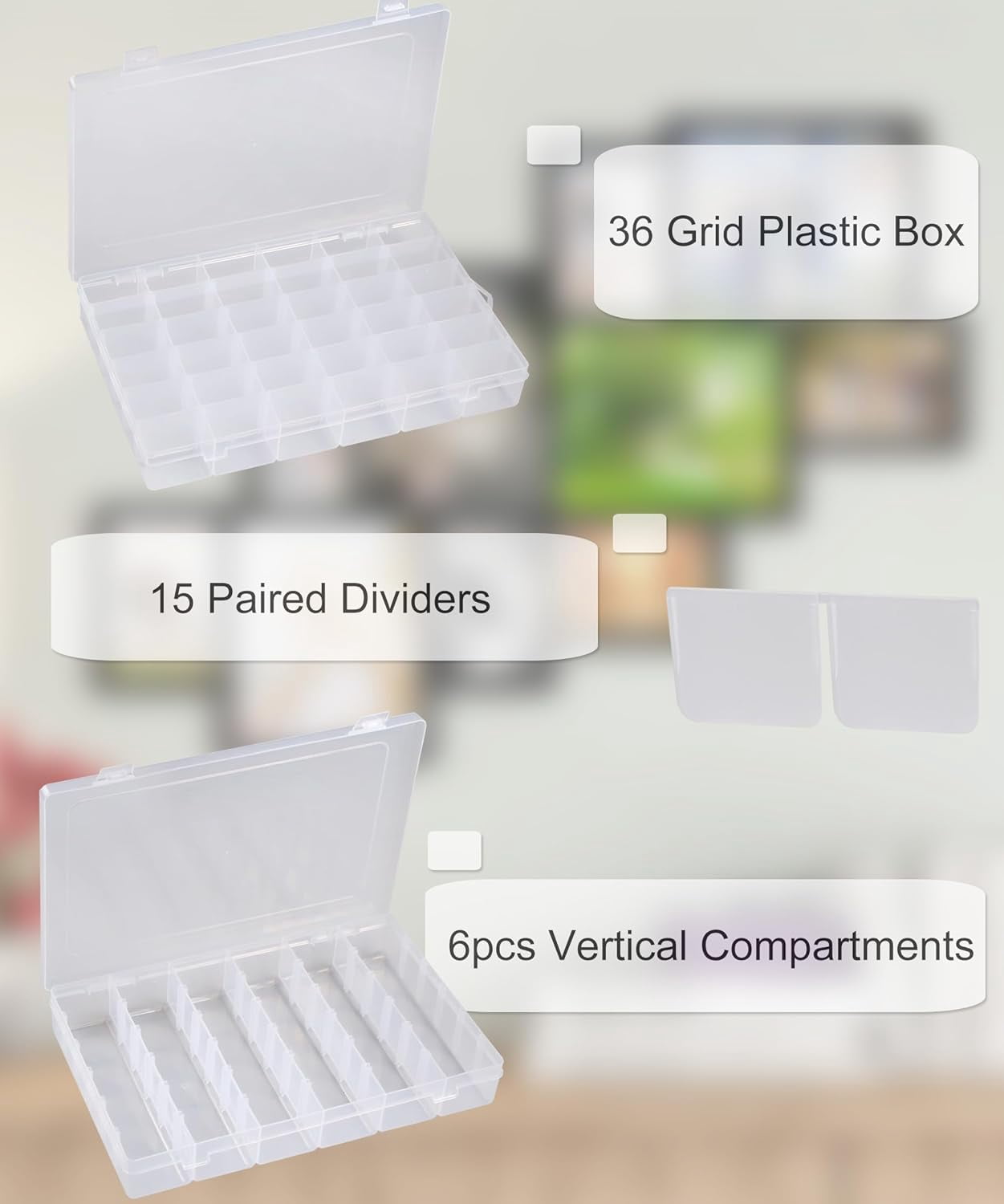 12 Pack 36 Grids Bead Organizers Plastic Organizer Box with Dividers 3600 Tackle Boxes Organizer Clear Box Organizers Compartment Storage Container