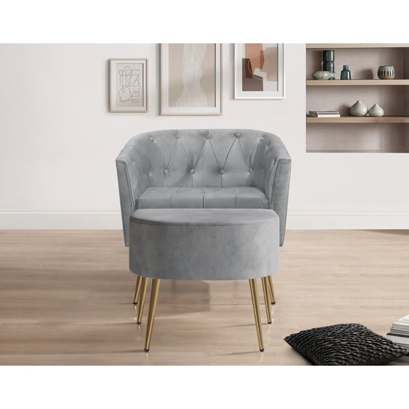 Home Design Cassy Tufted Velvet Flared Arm Chair with Ottoman Stool, Gold Metal Legs and Modern Accent Seating