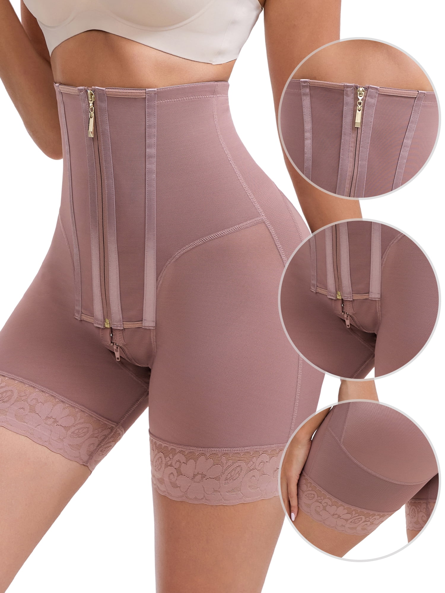 DARING DIVA High Rise Shorts Shapewear Lace Trim Zipper Hooks Closure S Dark Brown