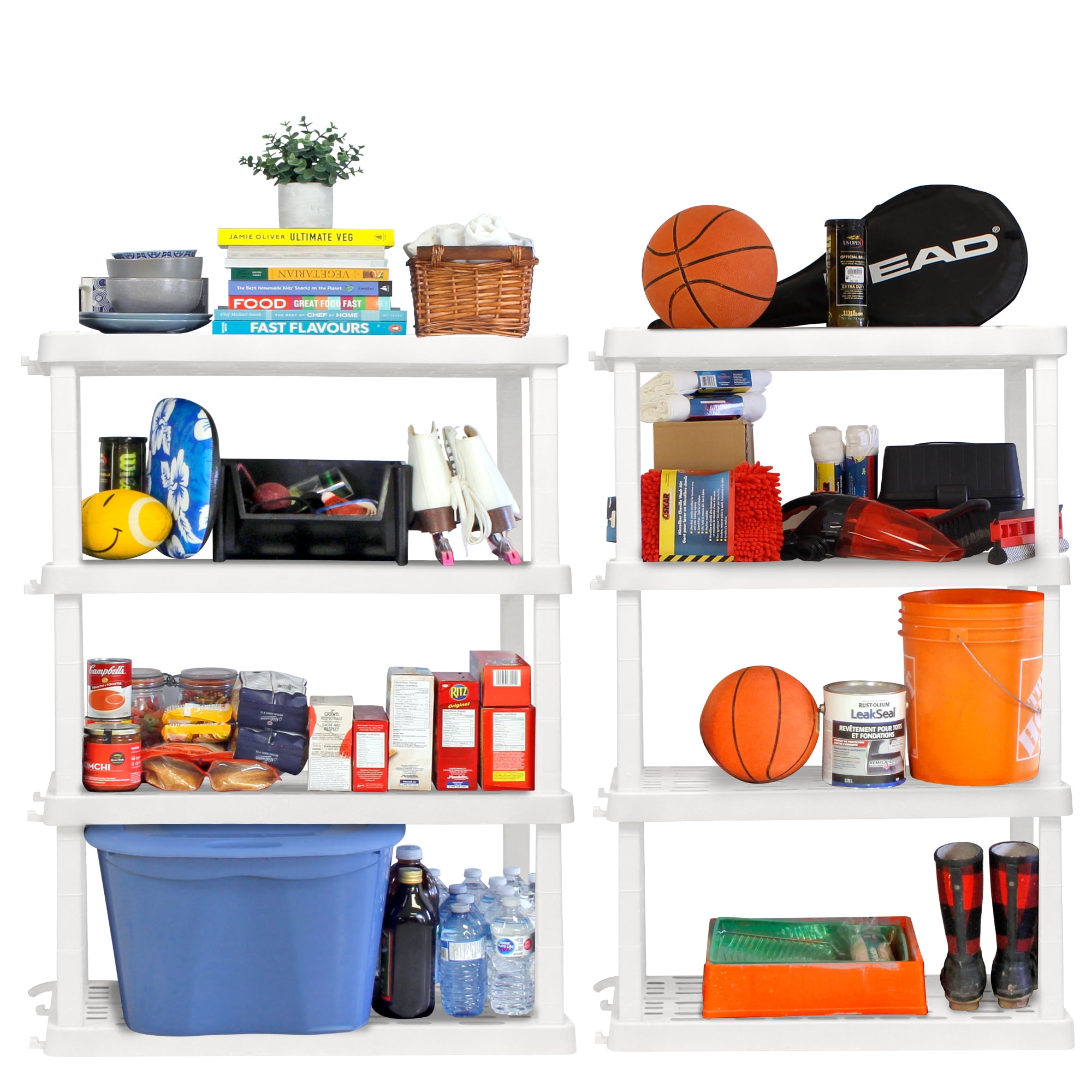 Hyper Tough Plastic Storage Shelves 4-Tier 56"H x 18"D x 37"W 2-Pack White 600 lbs Total Capacity