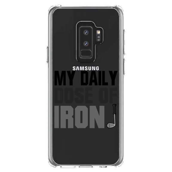 DistinctInk Clear Shockproof Hybrid Case for Samsung Galaxy S9  PLUS (6.2" Screen) - TPU Bumper Acrylic Back Tempered Glass Screen Protector - My Daily Dose of Iron Golf