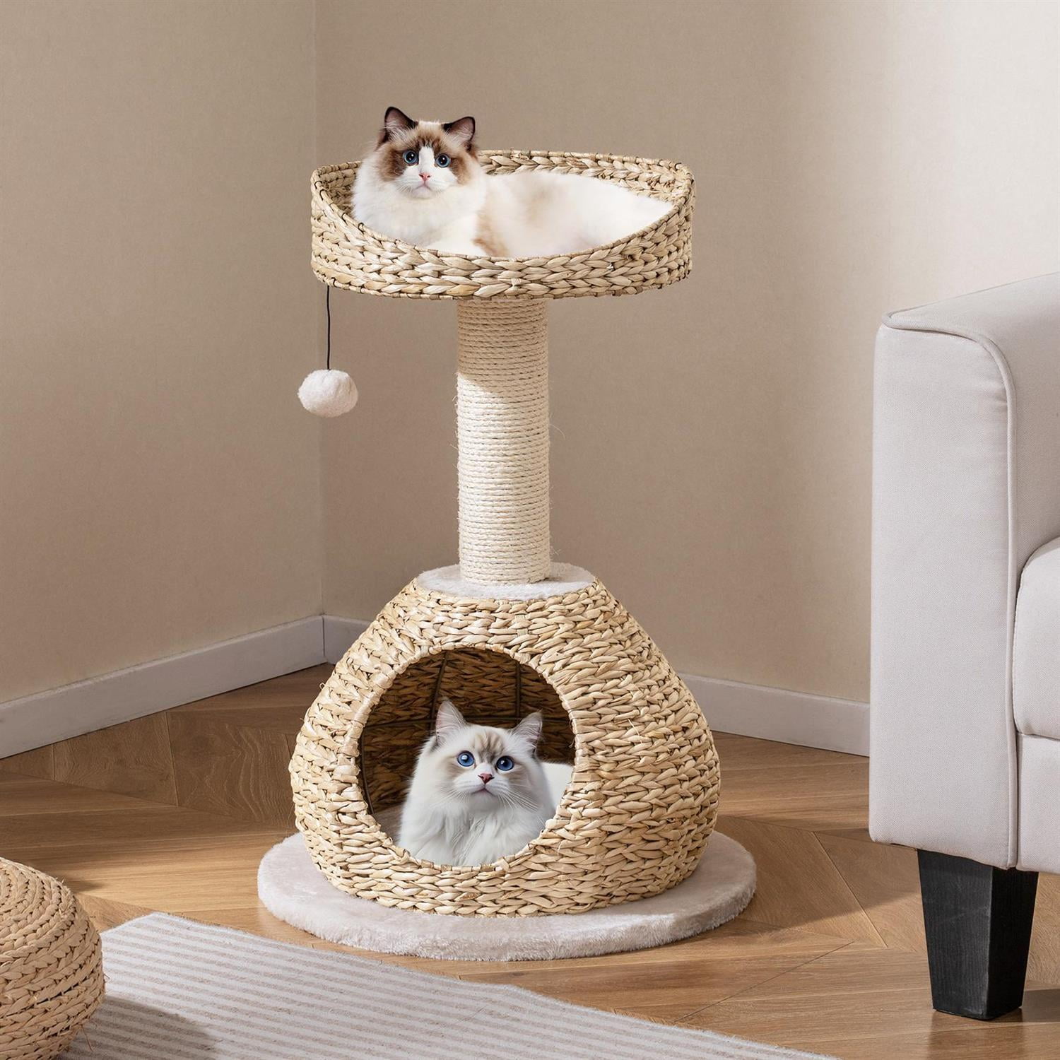 Pefilos 28" Hand-Made Cat Tree, Jump Platform & Sisal Scratching Post, Cat House & Rattan Weave, White