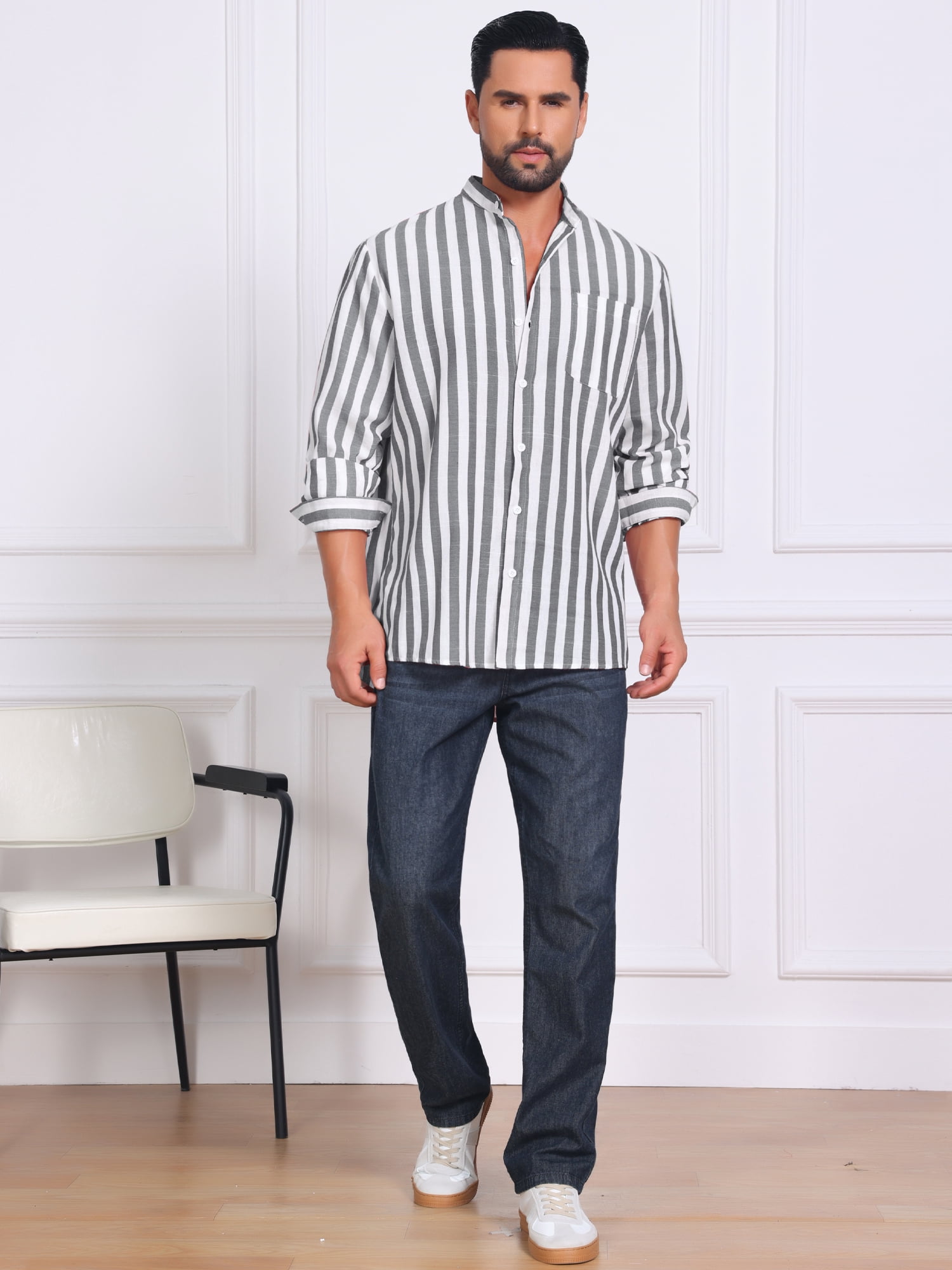 DARING DIVA Men's Striped Stand Collar Long Sleeve Button Down Shirt XL Black