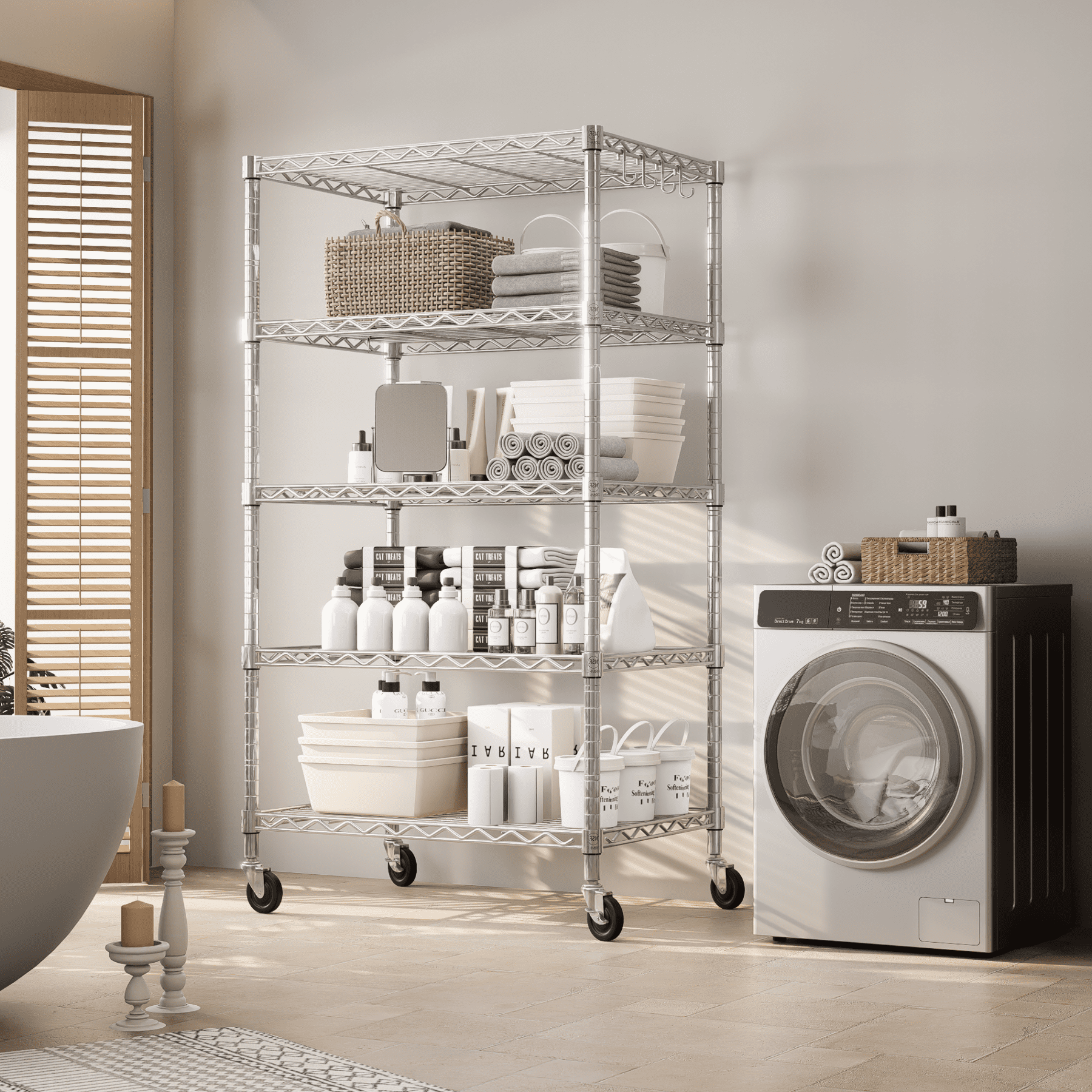 Prilinex 5 Tier Wire Shelving with Wheels 24"W x 18"D x 75"H Steel Storage Shelves, Adjustable Garage Shelves Organizer, Pantry Rack Rolling Metal Shelf 24"W x 18"D x 72"H, Chrome