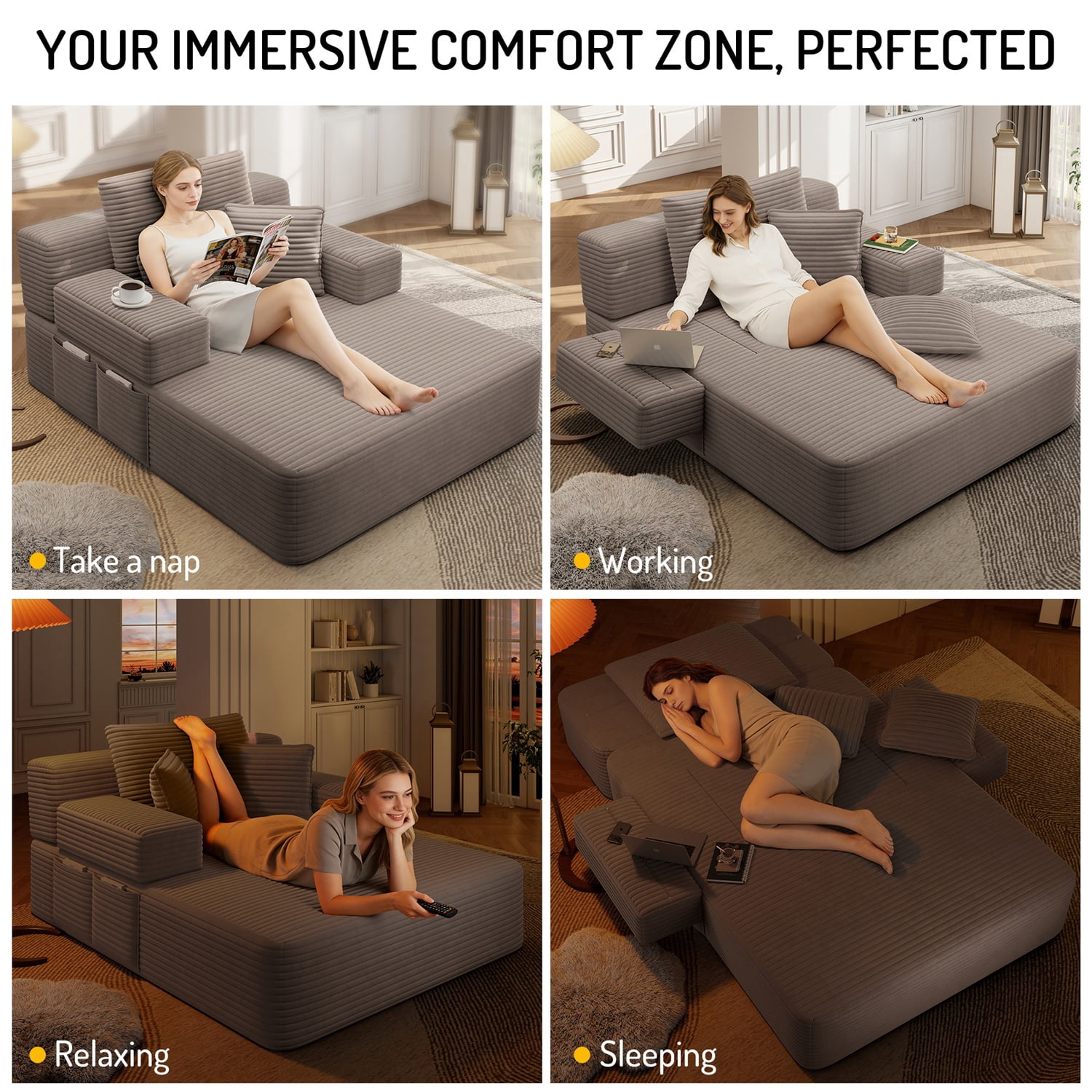 Hommoo Luxurious Plush Corduroy Chaise Lounge with 3 Pillows & Storage Pocket, Convertible Sofa Couch Bed Sleeper with Frameless Design & Compression Foam, Coffee