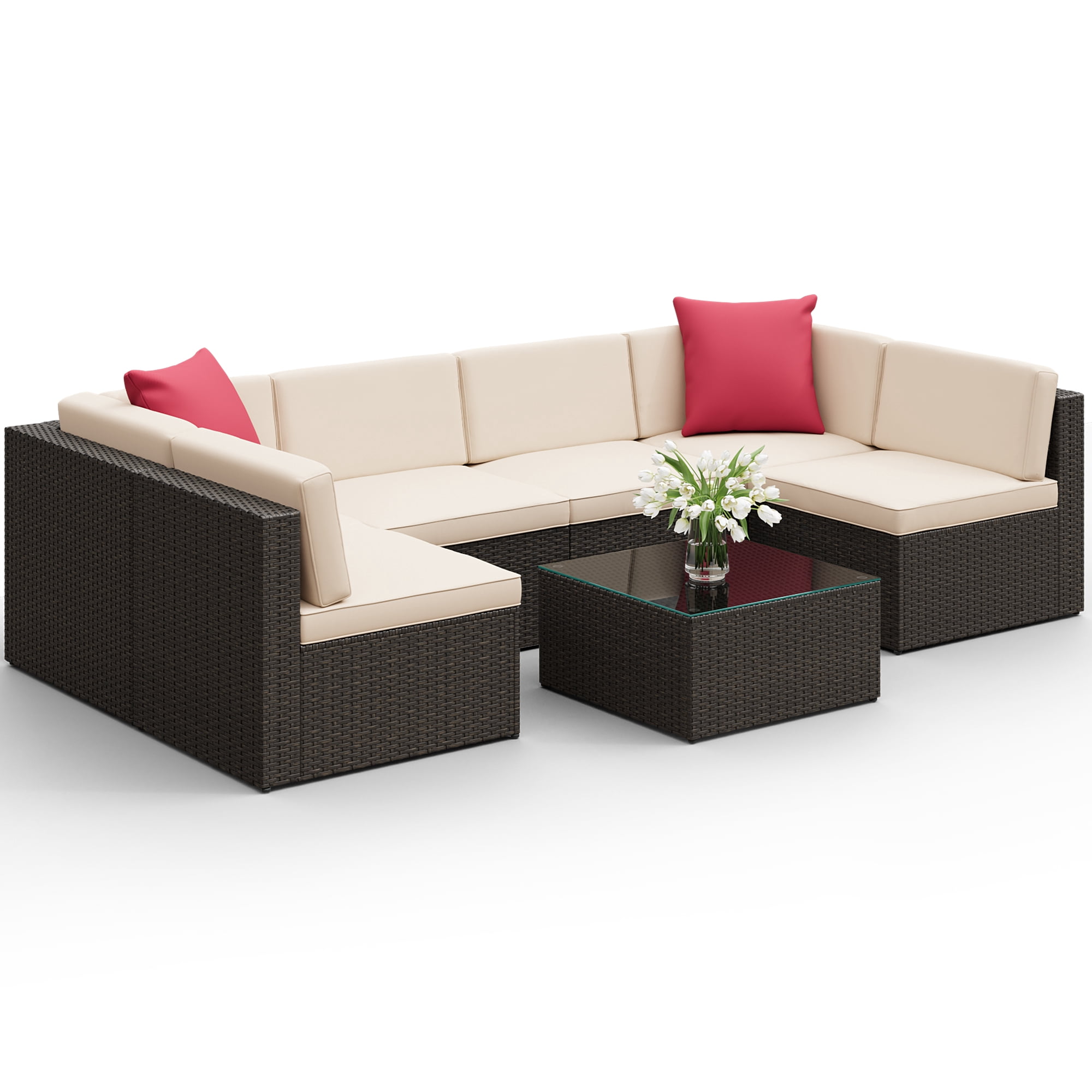Lacoo 7 PCS Patio Outdoor Furniture Wicker Sectional Sofa with Cushion, Beige