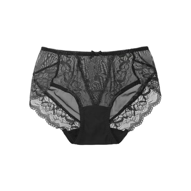 INSPIRAR CHIC Ropa de mujer de talla grande con borde de encaje transparente, bragas de cintura alta, sólidas y elásticas XL Negro