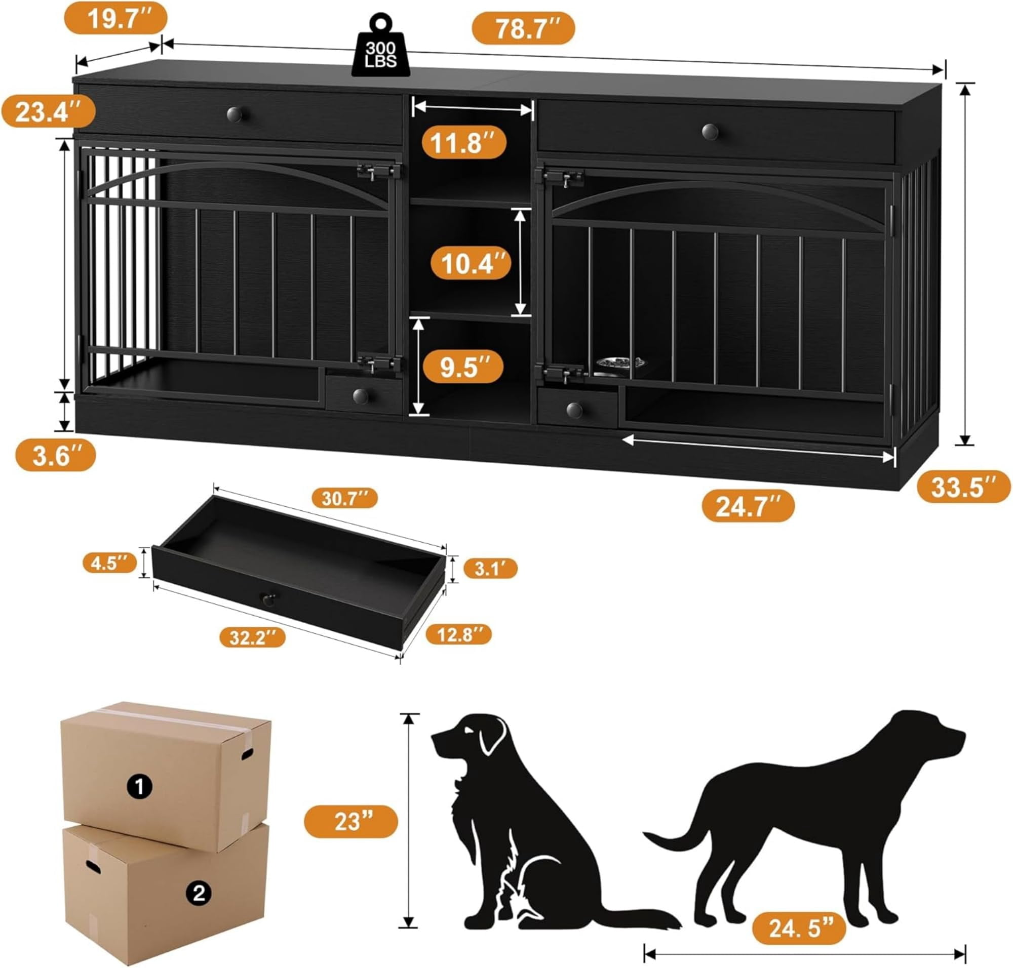 Accreate Dog Crate Furniture for 2 Dog, 78.7'' Large Dog Kennel Indoor with 2 Storage Drawers, 3 Shelves and Feeding Bowls, Double Dog Crate TV Stand for Small and Medium Dogs