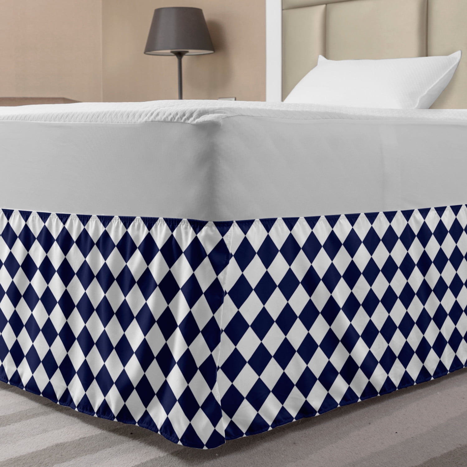 Blue Bed Skirt, Classical Old Fashioned Checkered Pattern Geometric