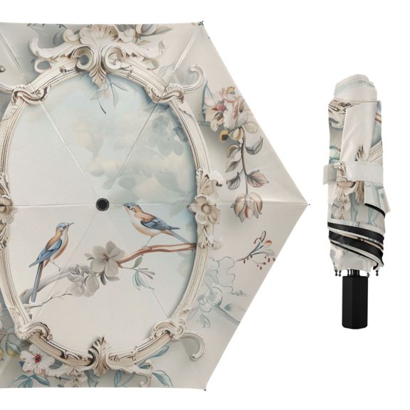 Mirror with Floral and Bird Compact Sun Umbrella Windproof Travel Umbrellas for Rain Strong Portable UV Protection