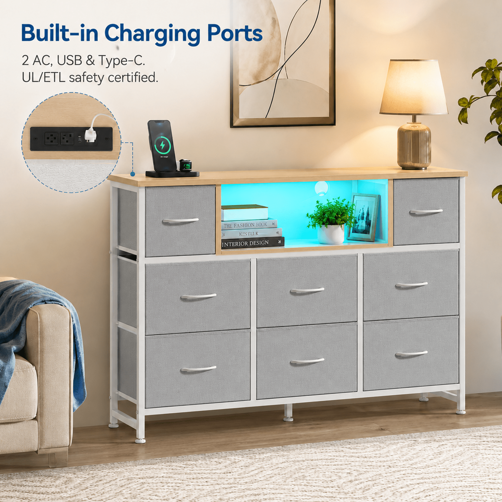 Alvantor Dresser TV Stand for 45, 50, 55 inch TV, Entertainment Center with LED Lights & Charging Station, Chest of Drawers with 8 Fabric Drawers and Open Shelves for Living Room, Hallway, Wood Top