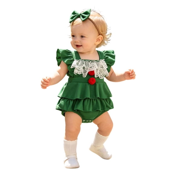 RMGVDSD Baby Girl Christmas Outfit Infant Girls Romper Dress Ruffle Sleeveless Backless Bodysuits with Headband Holiday Party Clothes 12-18 Months