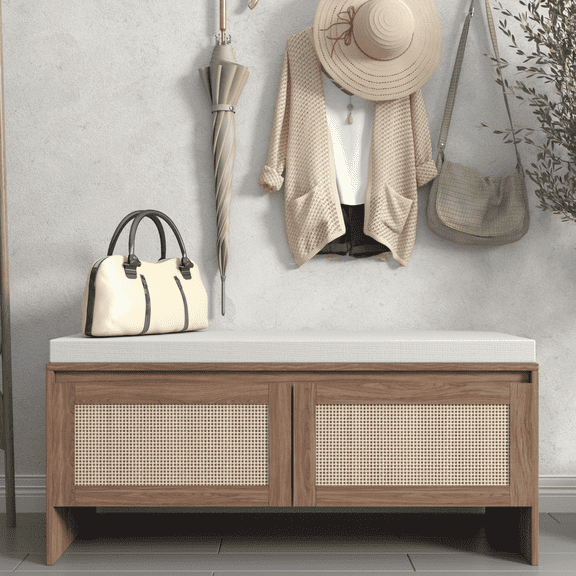 Atumcto Entryway Storage Bench with Cushion, Rattan Door Shoe Storage Bench, Modern Bench for Hallway or Living Room, Natural