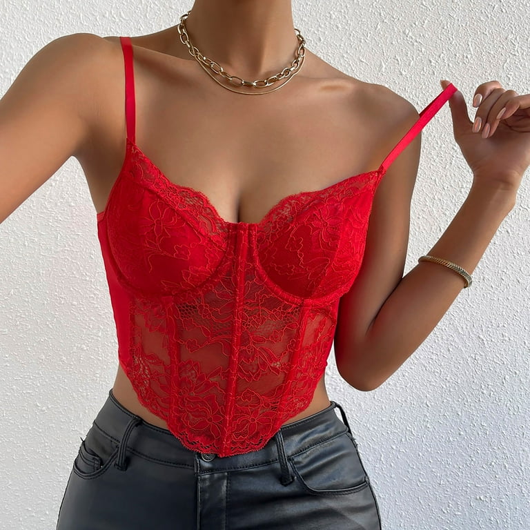 JGGSPWM Womens Summer Lace Bustier Mesh Sexy Vintage Spaghetti Strap Open  Back Boned Corset Going Out Party Crop Top Red L