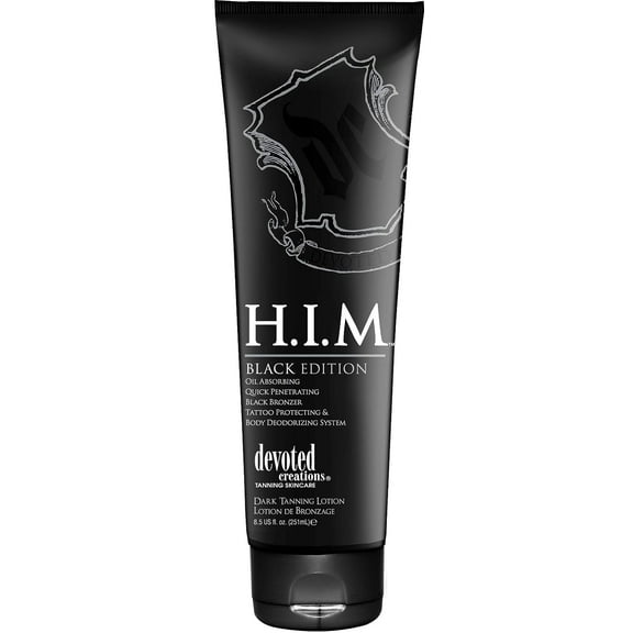 New Devoted Creations H.I.M. Black Edition, Oil Absorbing Quick Penetrating Black Tan Lotion Bronzer, 8.5 oz.