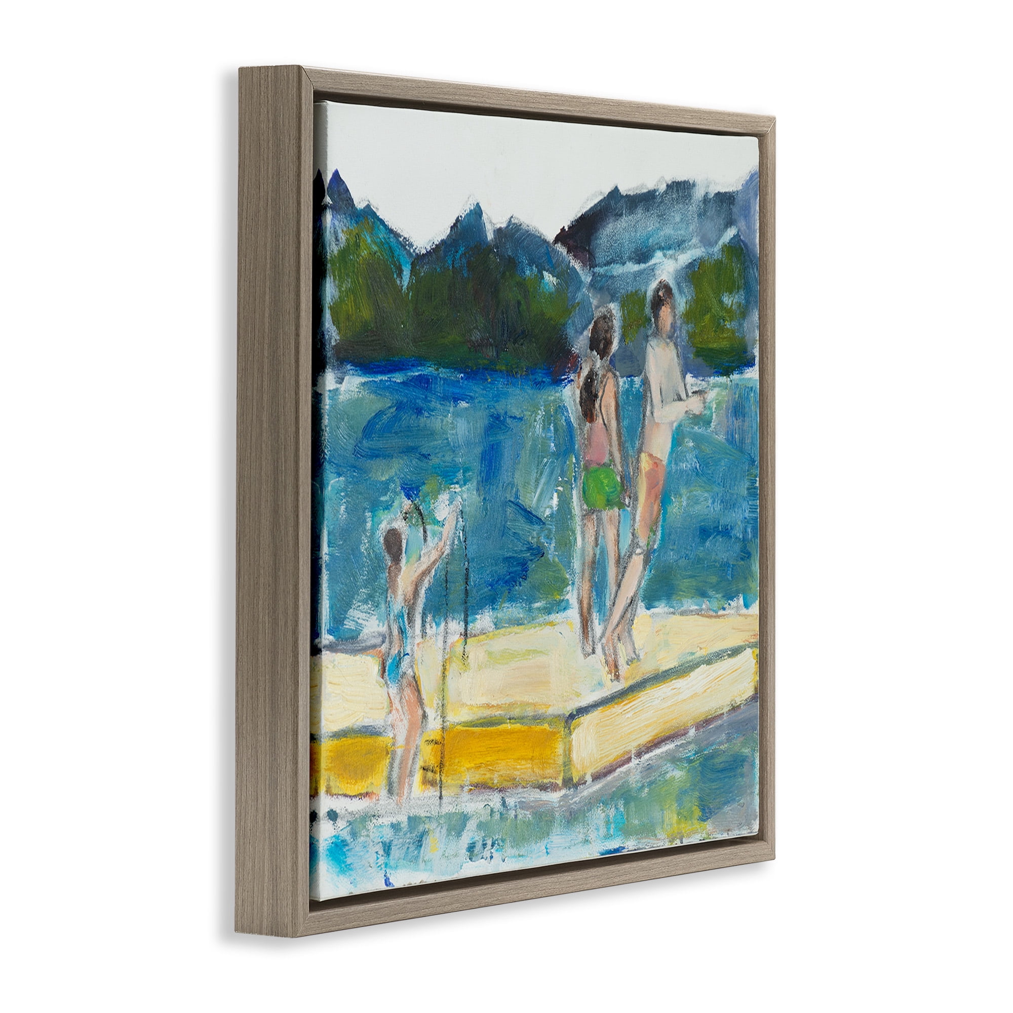 Stupell Industries Kids on Swimming Dock Abstract Sports Painting Brown Floater Framed Canvas Art Print Wall Art, 18 x 18