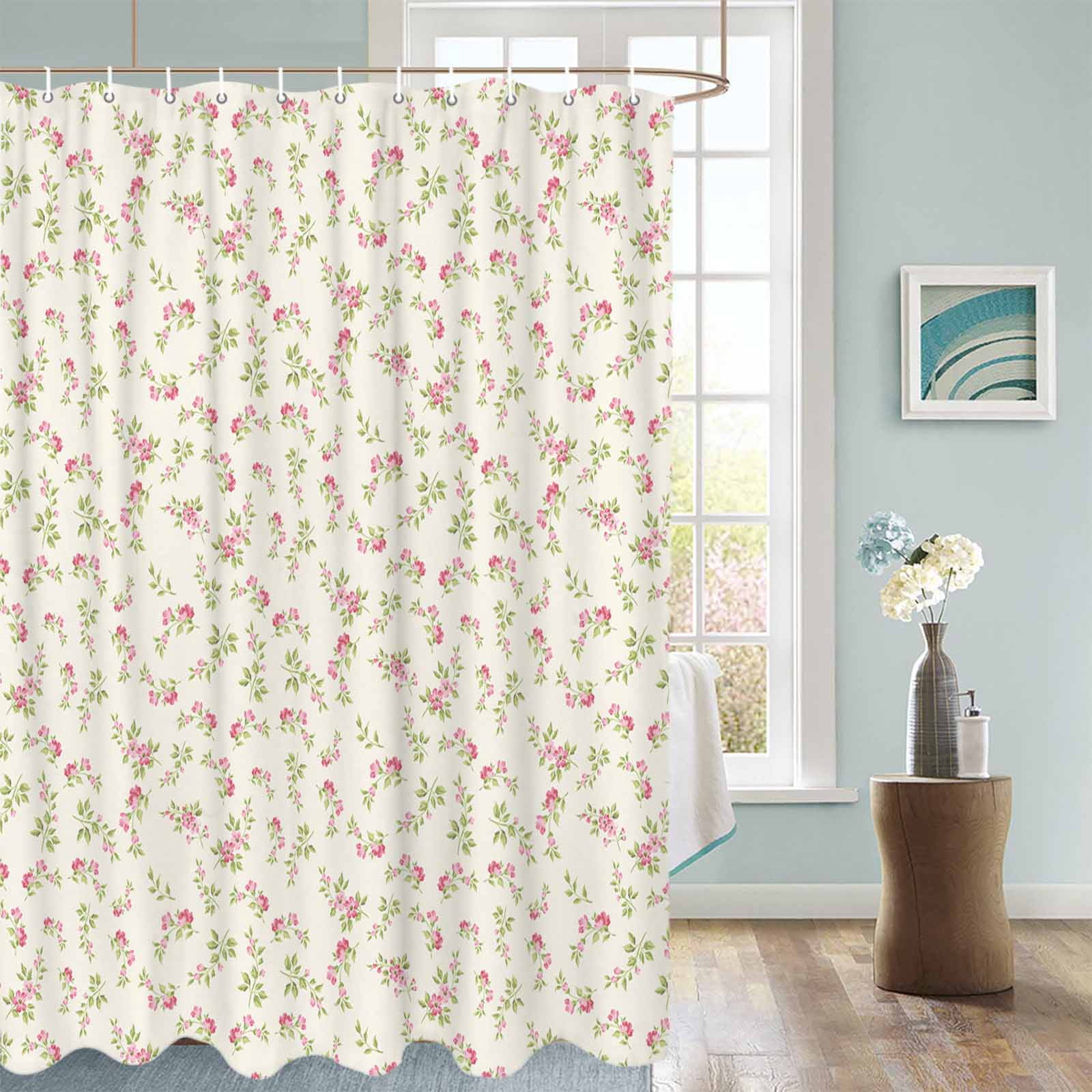 Fabric Shower Curtain Vintage Rustic Floral Light Pink Roses Leaves Beige Shower Curtains with 12 Hooks Waterproof Machine Washable Bath Curtains for Bathroom, 72 x 72in