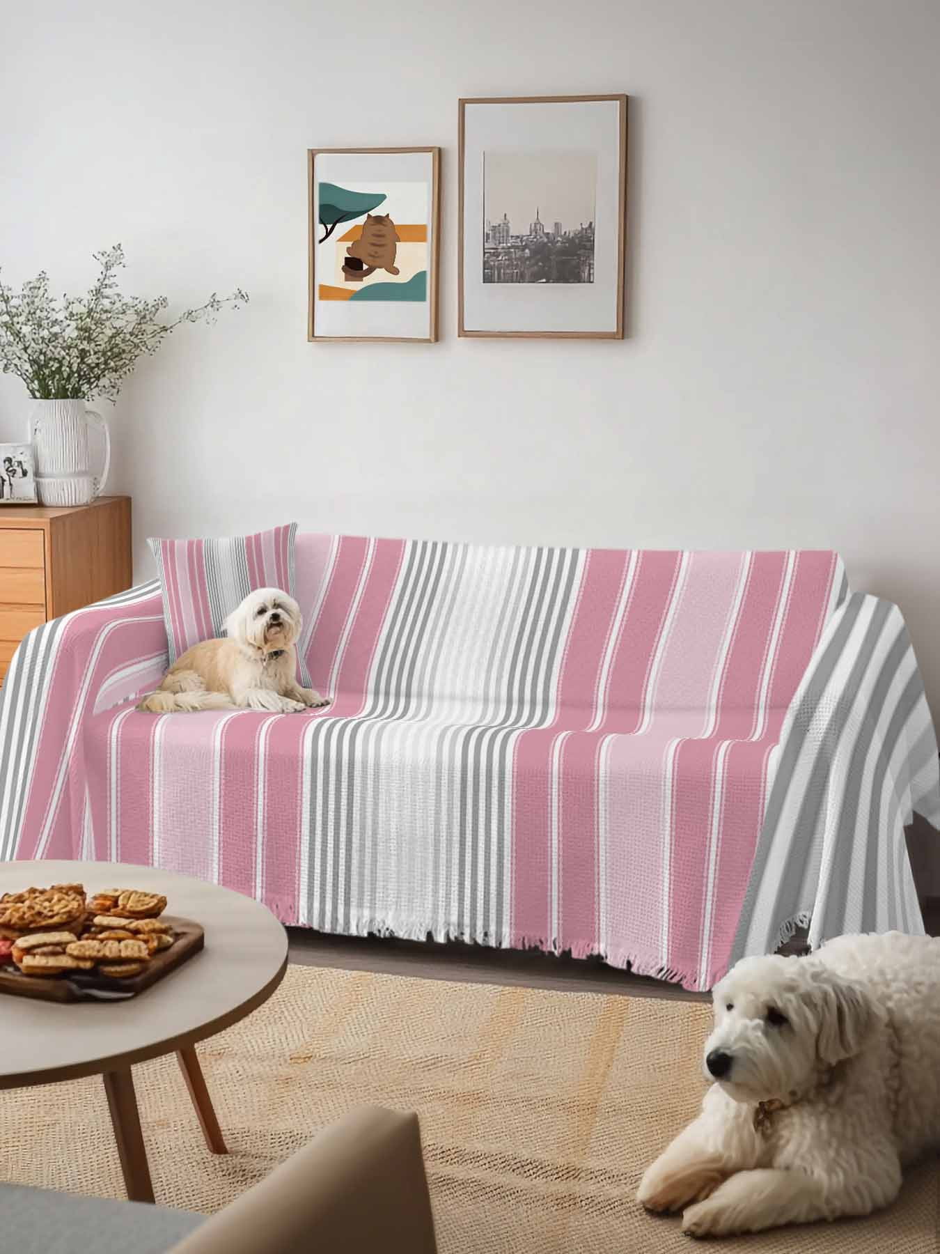 Pink Gray Stripes Couch Cover, Chic Modern Abstract Vertical Lines Sofa Cover Blanket for 2 Seat Cushion,Sectional Sofa Slipcover Furniture Protector for Living Room Bedroom 71''x102''