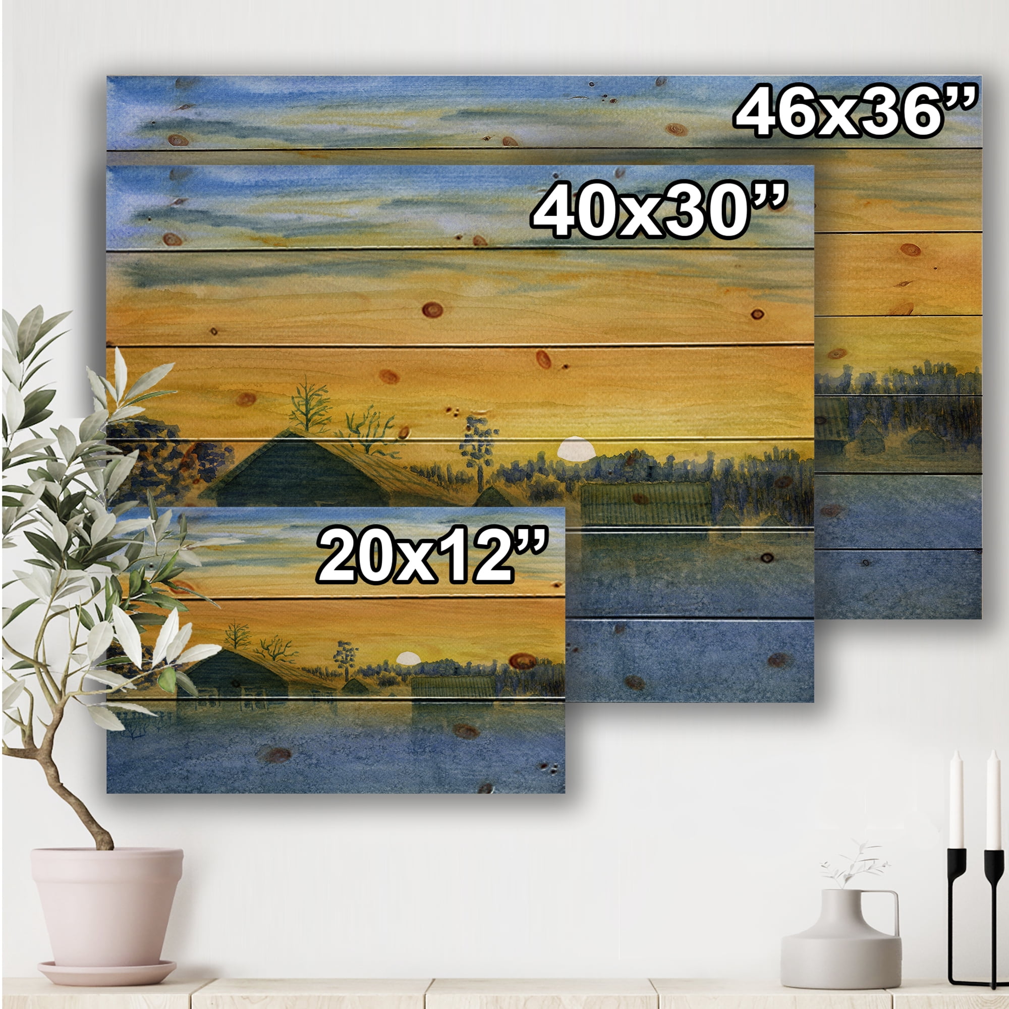Designart 'Yellow Frosty Winter Sunrise in The Village Watercolor' Farmhouse Print on Natural Pine Wood